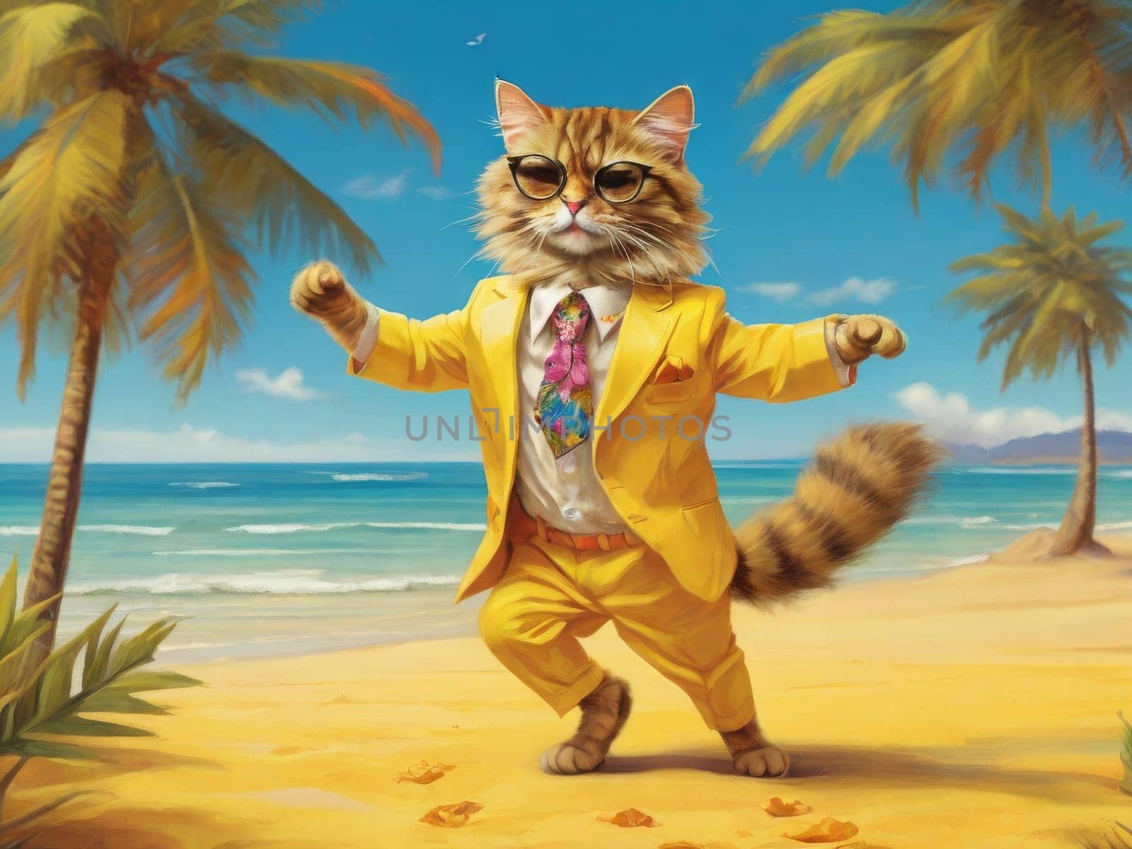 A glamorous cat in a yellow suit, hat and sunglasses dances on the beach by the sea. illustration with cartoon cheerful cat on the beach by Ekaterina34