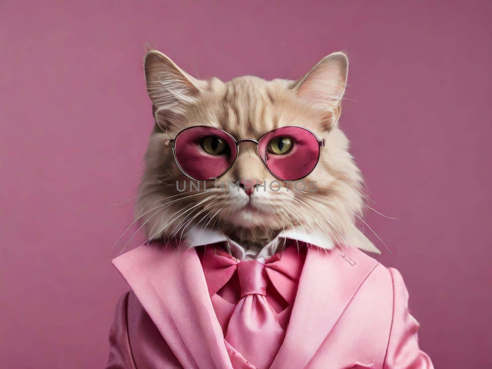 Business cat in a pink suit and glasses on a pink background.