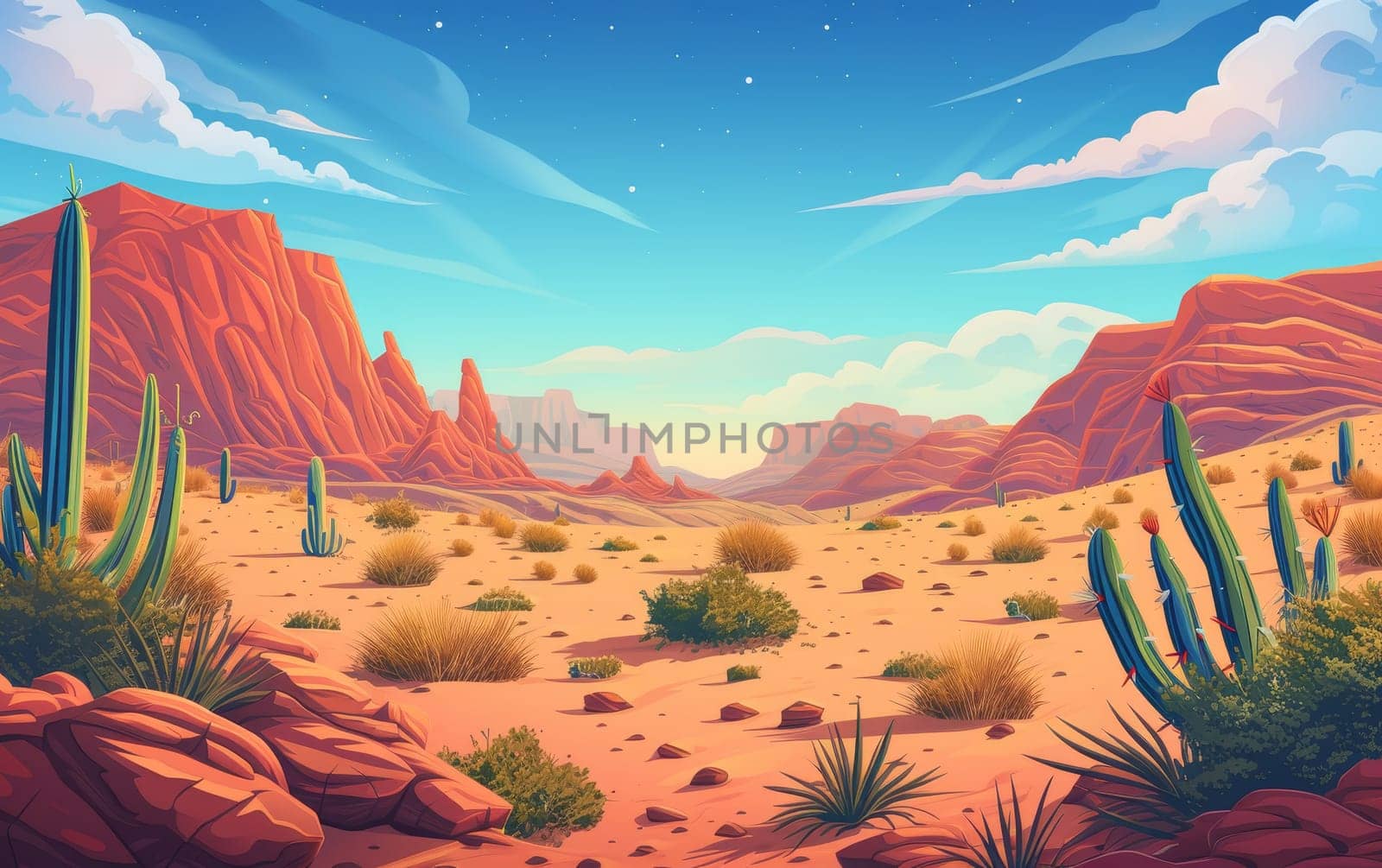 Vibrant desert landscape with towering red rock formations, cacti, and a clear blue sky with wispy clouds