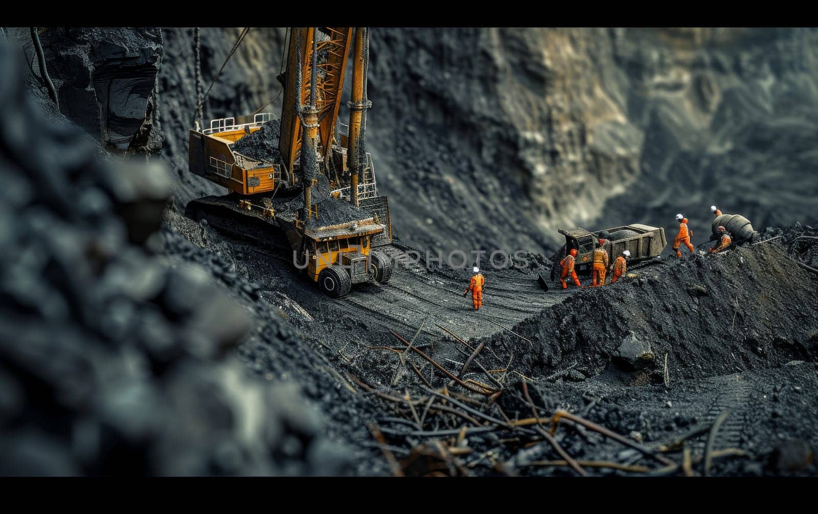 Workers in orange uniforms and heavy machinery at a dark, rocky mining site
