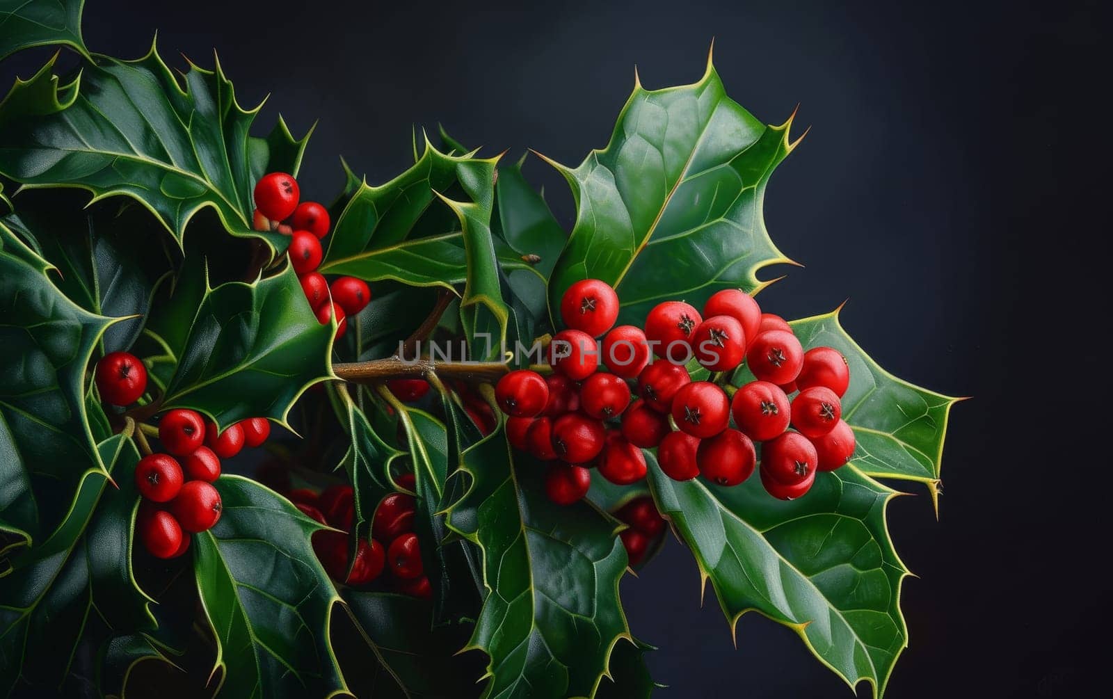 Close-up of vibrant red holly berries and sharp green leaves, a classic symbol of the winter season