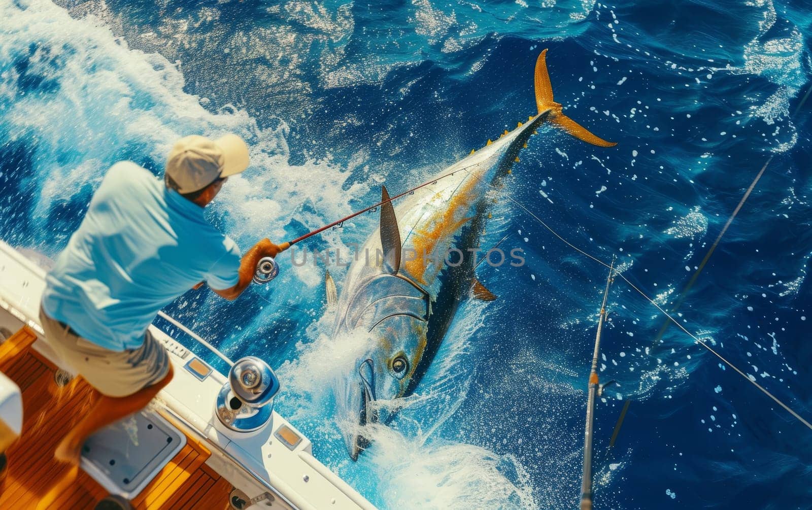 An adventurous man on a yacht skillfully reels in a big tuna, capturing the thrill and excitement of deep-sea fishing