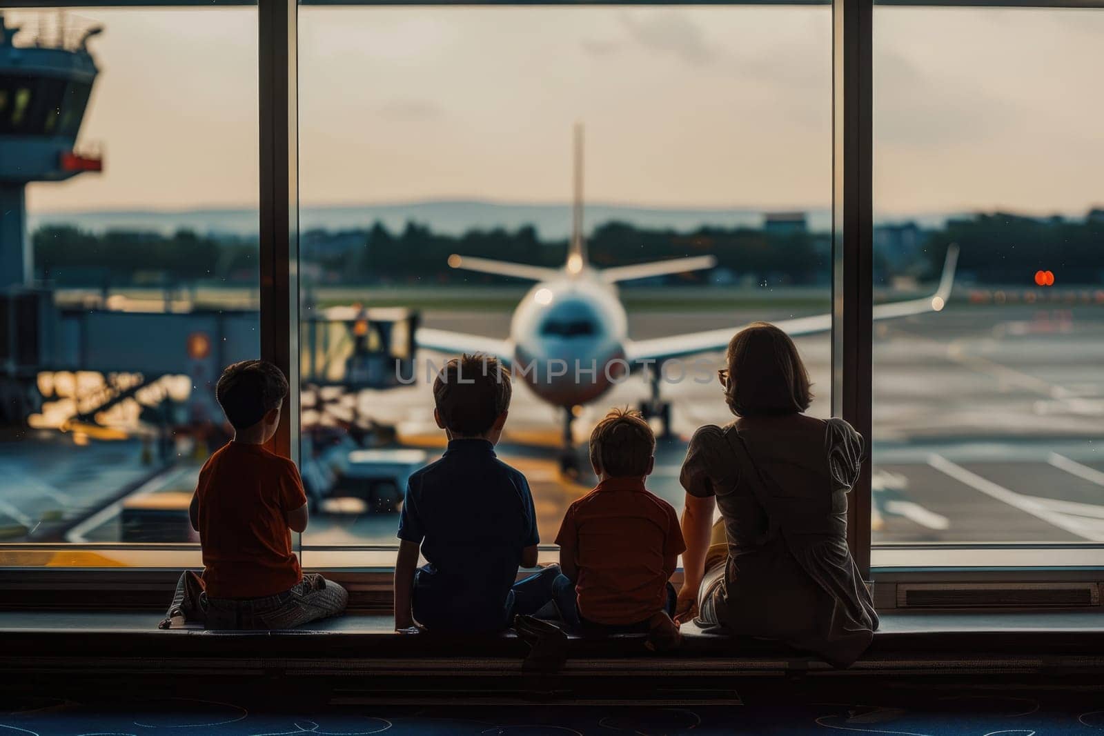 Family travel trip concept, Happy family waiting at airport, Travel on vacation.