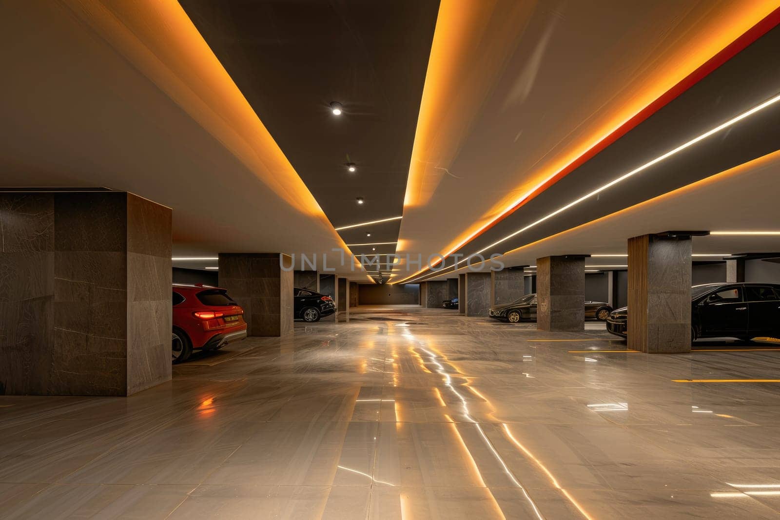 Interior of basement carpark, Modern contemporary elements, Luxury interior elements.