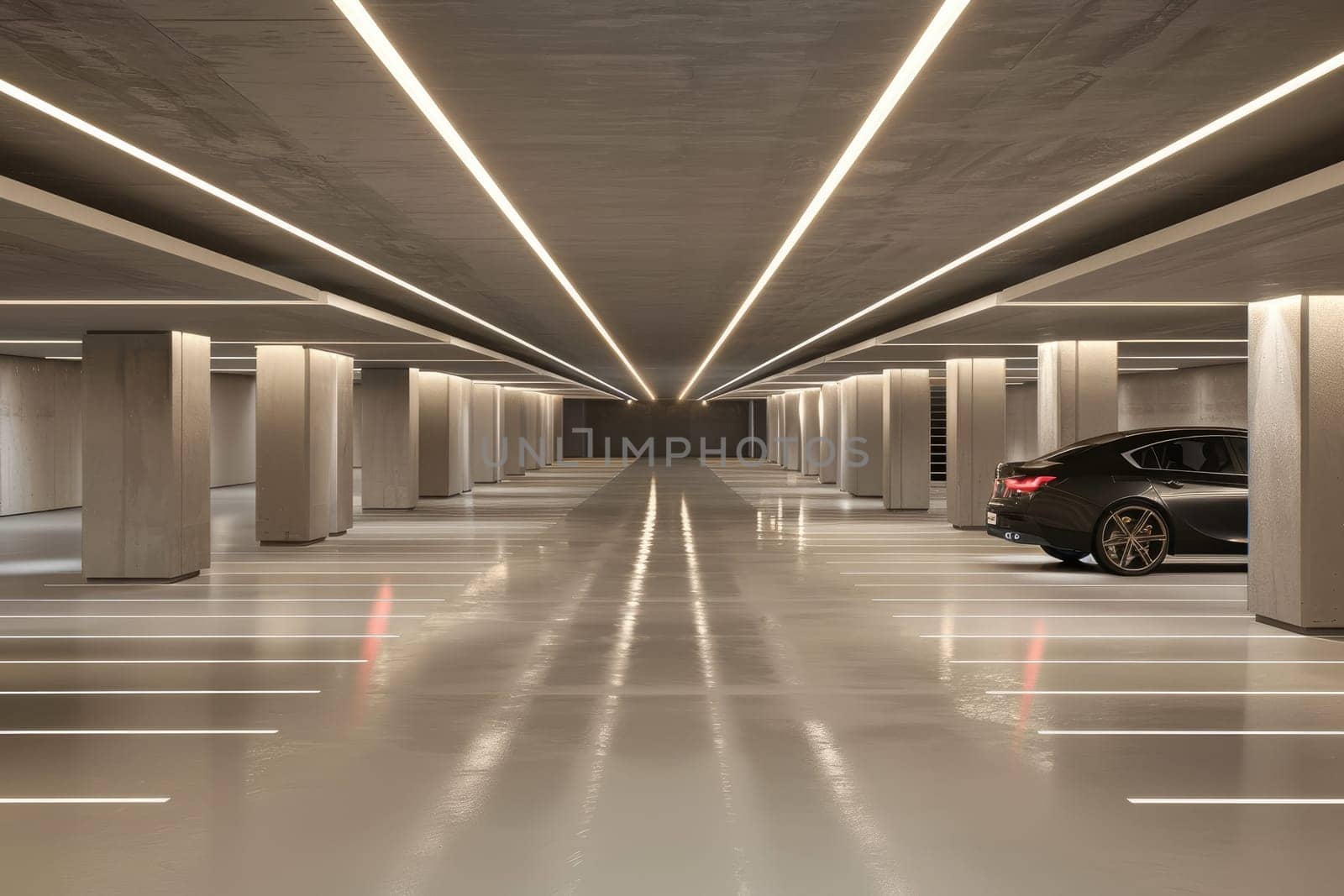 Interior of basement carpark, Modern contemporary elements, Luxury interior elements.