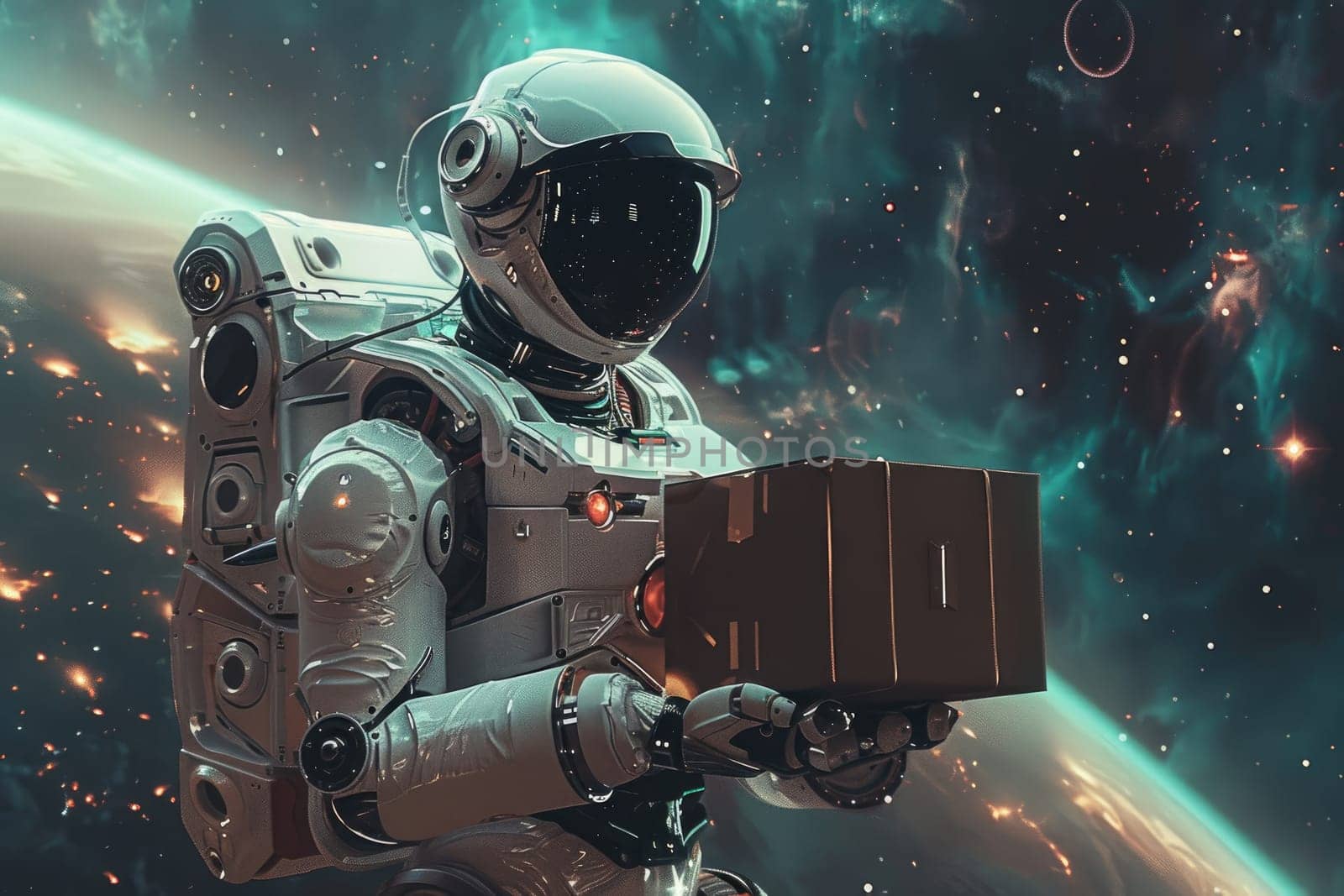A robot delivering a package in the middle of space with galaxy background.