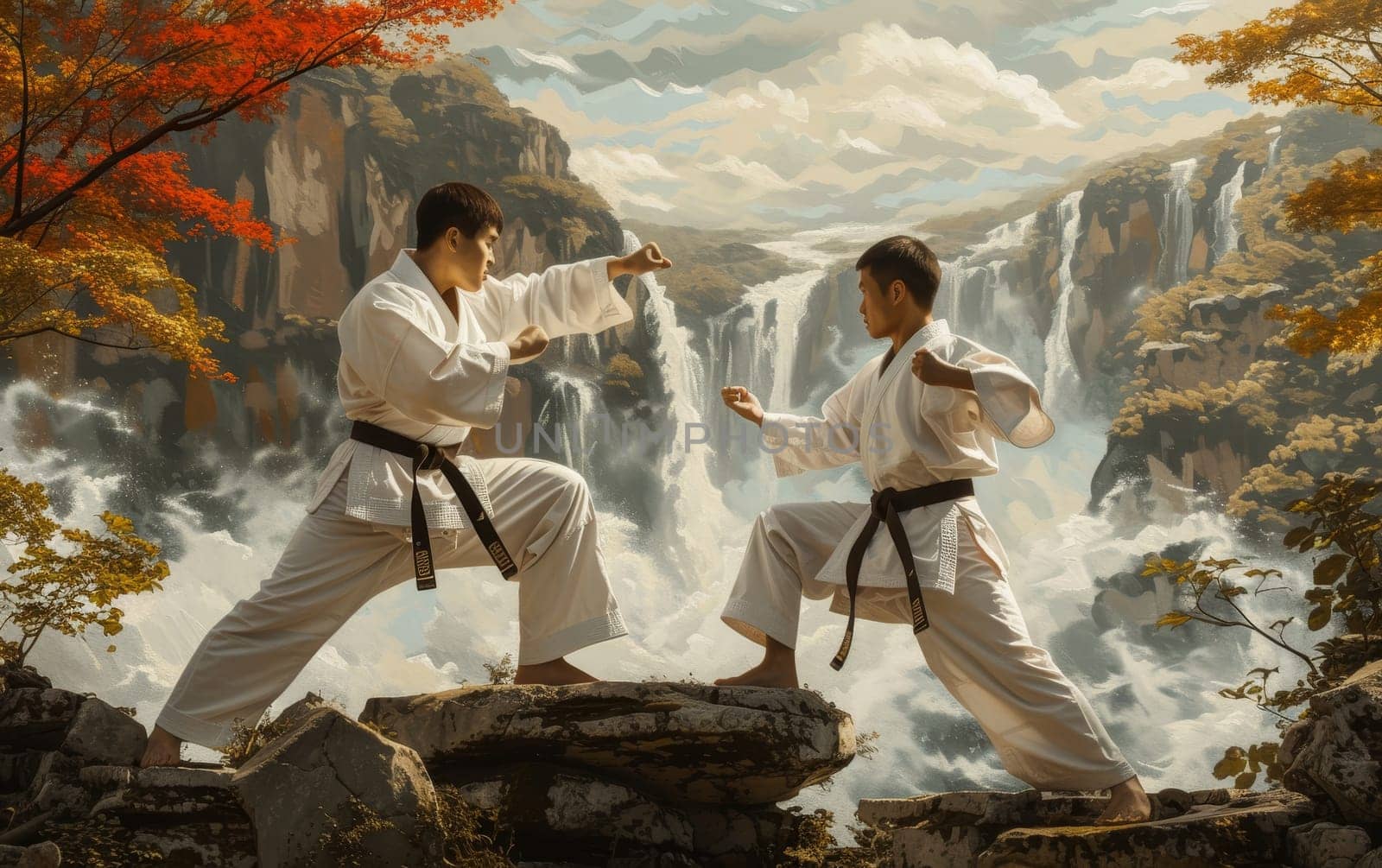 Two martial artists in white uniforms practice near a waterfall, surrounded by lush greenery and sunlight