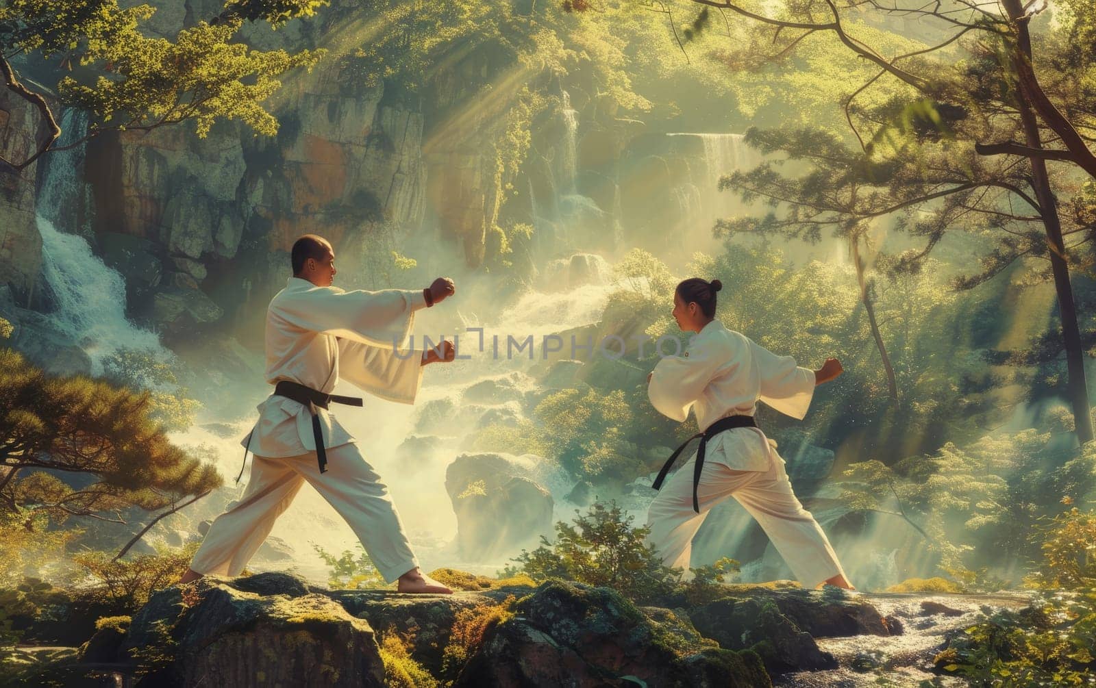 Two martial artists in white uniforms practice near a waterfall, surrounded by lush greenery and sunlight