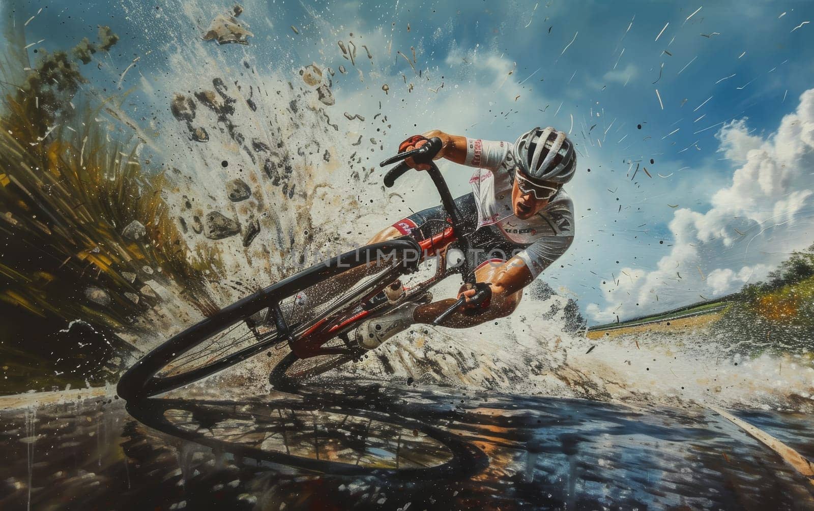 Dynamic image of a cyclist in action, splashing mud, amidst nature under a bright sky