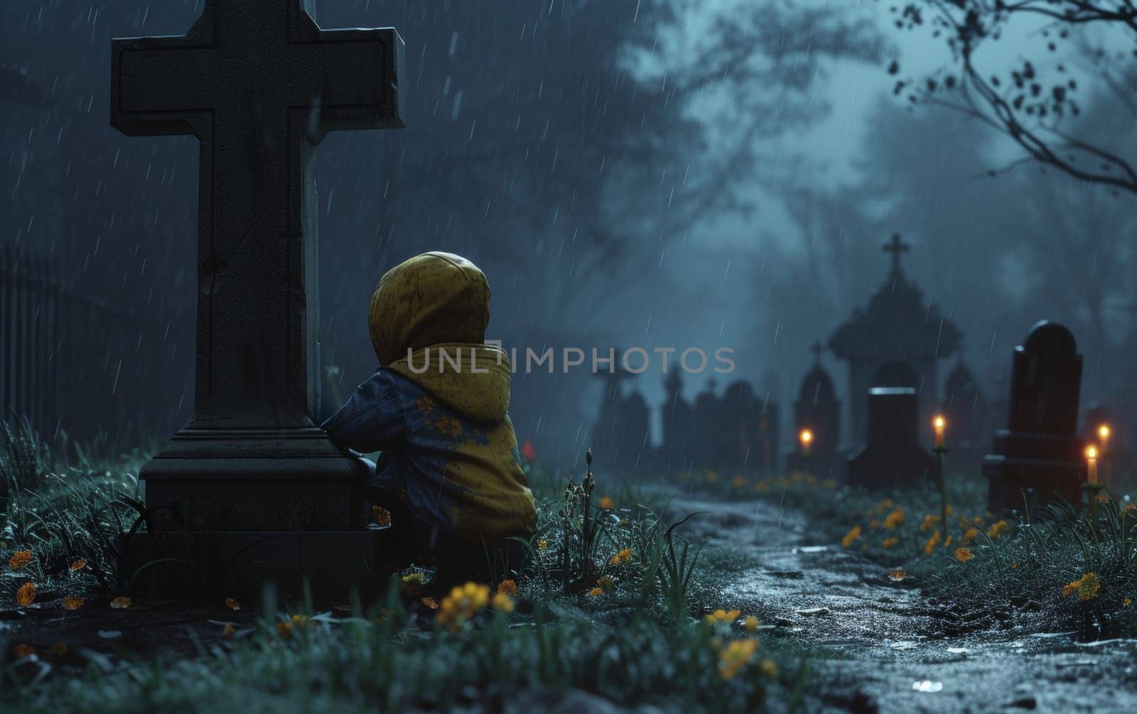 An emotional scene of a sad child sitting alone by a grave in a cemetery, mourning under the pouring rain