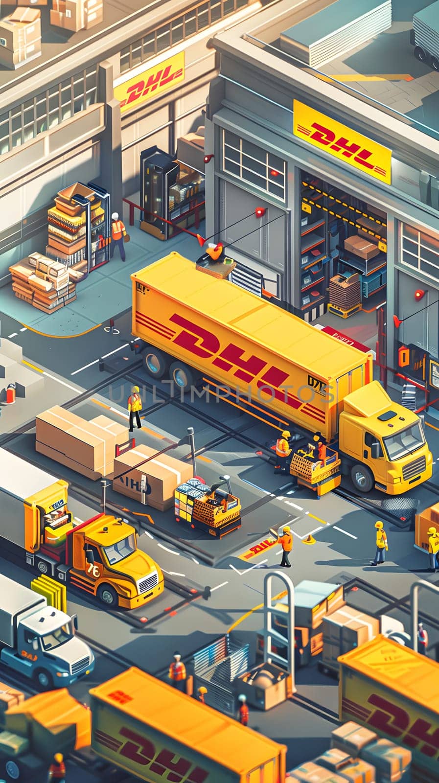 A toy truck, made out of Lego construction set pieces, is stationed in front of a warehouse, resembling a DHL motor vehicle