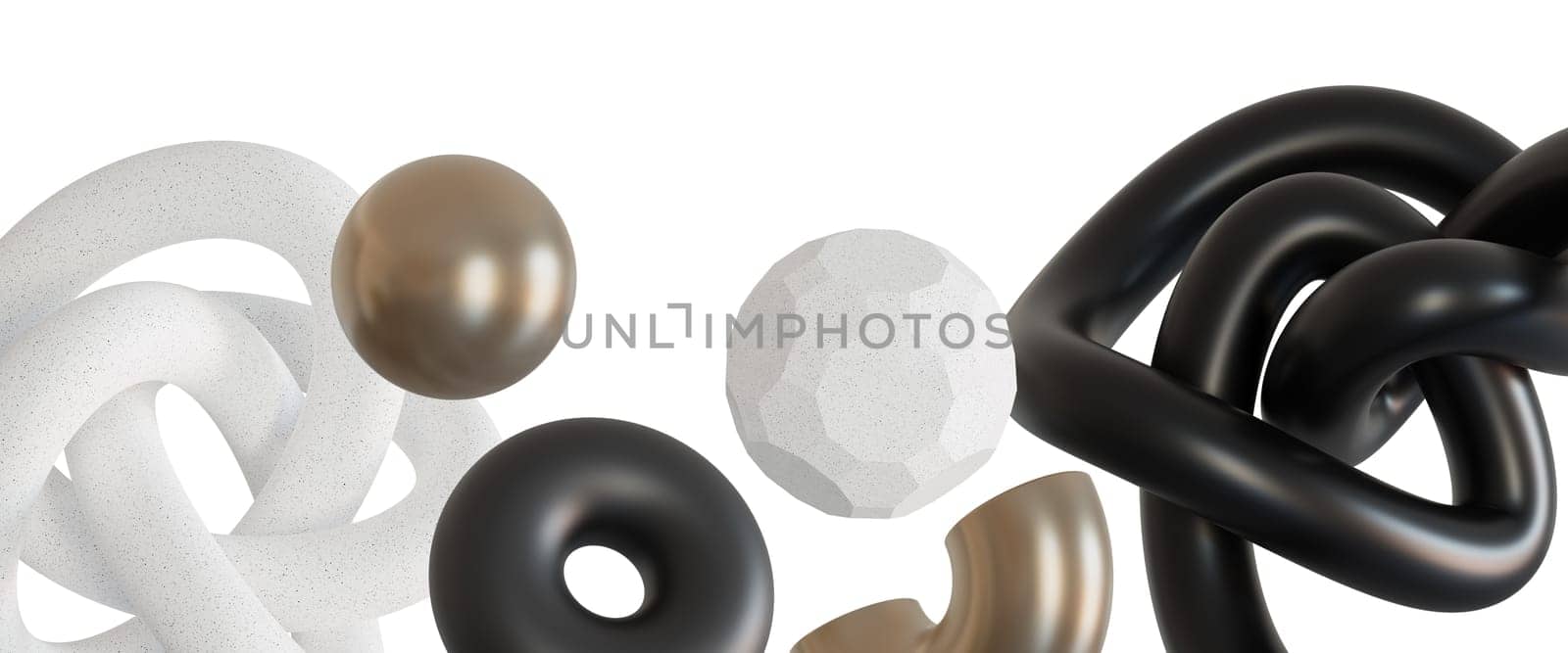 Elegant, minimalistic footer with abstract, floating black, white and metallic 3D shapes, isolated on white background. Modern border. Neutral tones. Bottom of the sheet. 3D render