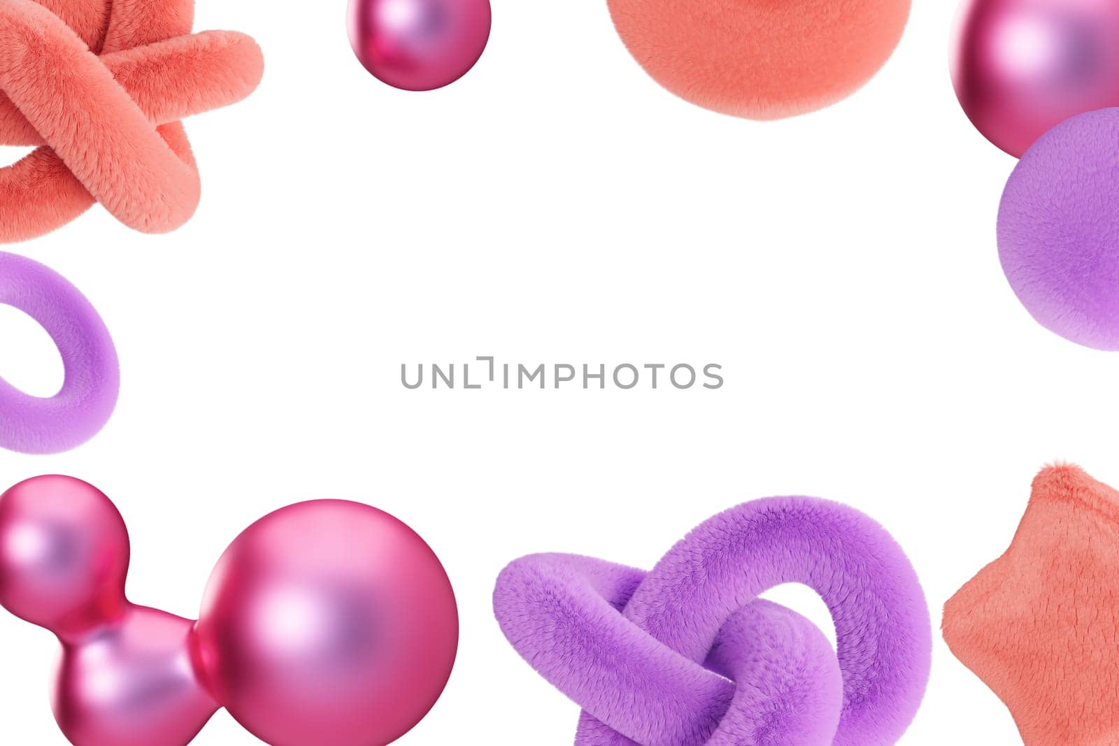 Playful frame with abstract, fluffy and metallic 3D shapes, isolated on white background. Modern border. Pink and purple colors. Y2k style. Copy space in the middle. Girlish design. 3D render