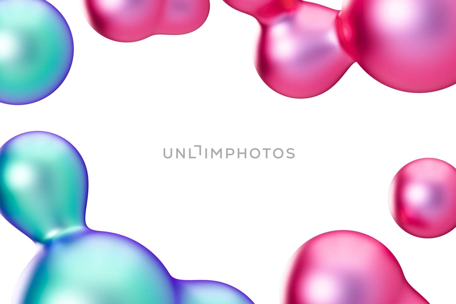 Playful frame with abstract holographic pink and blue 3D shapes, isolated on white background. Iridescent colors. Modern border, y2k style. Copy space in the middle. Color gradient. 3D render. by creativebird