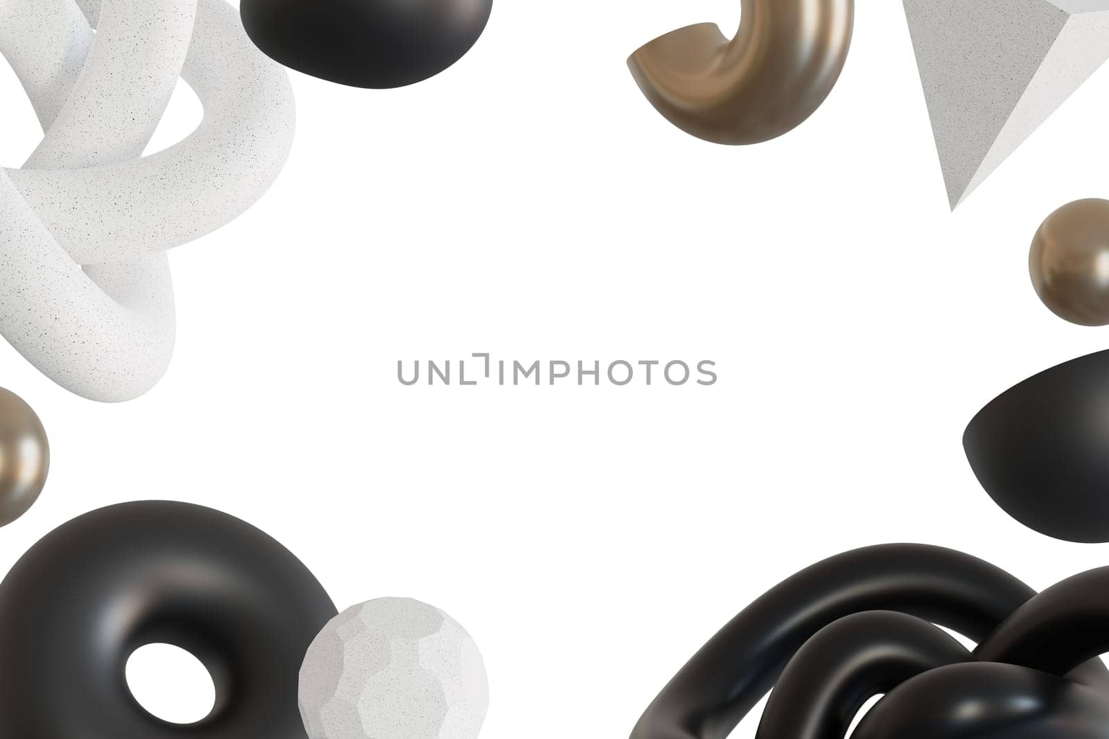 Elegant, minimalistic frame with abstract, floating black, white and metallic 3D shapes, isolated on white background. Modern border. Copy space in the middle. Neutral tones. 3D render