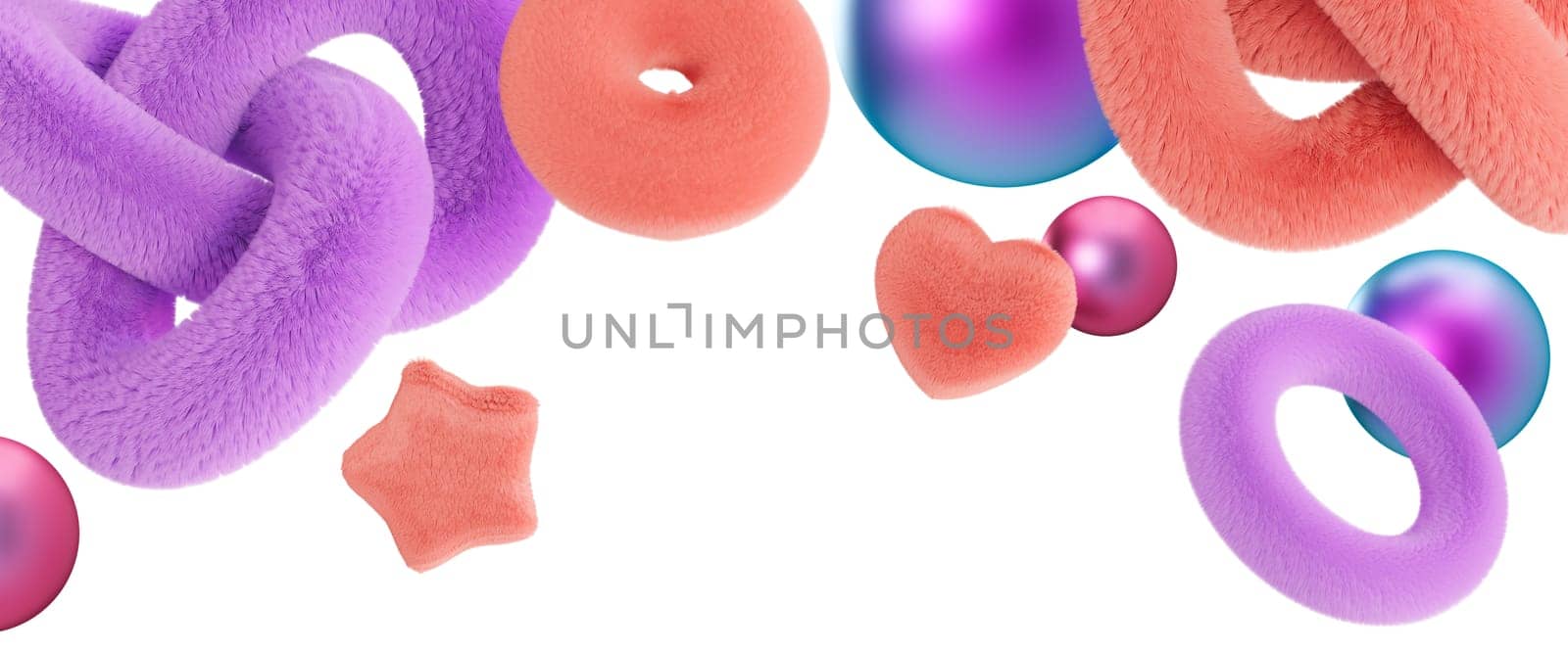 Playful header with abstract, fluffy and metallic 3D shapes, isolated on white background. Modern border. Pink and purple colors. Y2k style. Girlish design. Top of the sheet. Cut out. 3D render. by creativebird