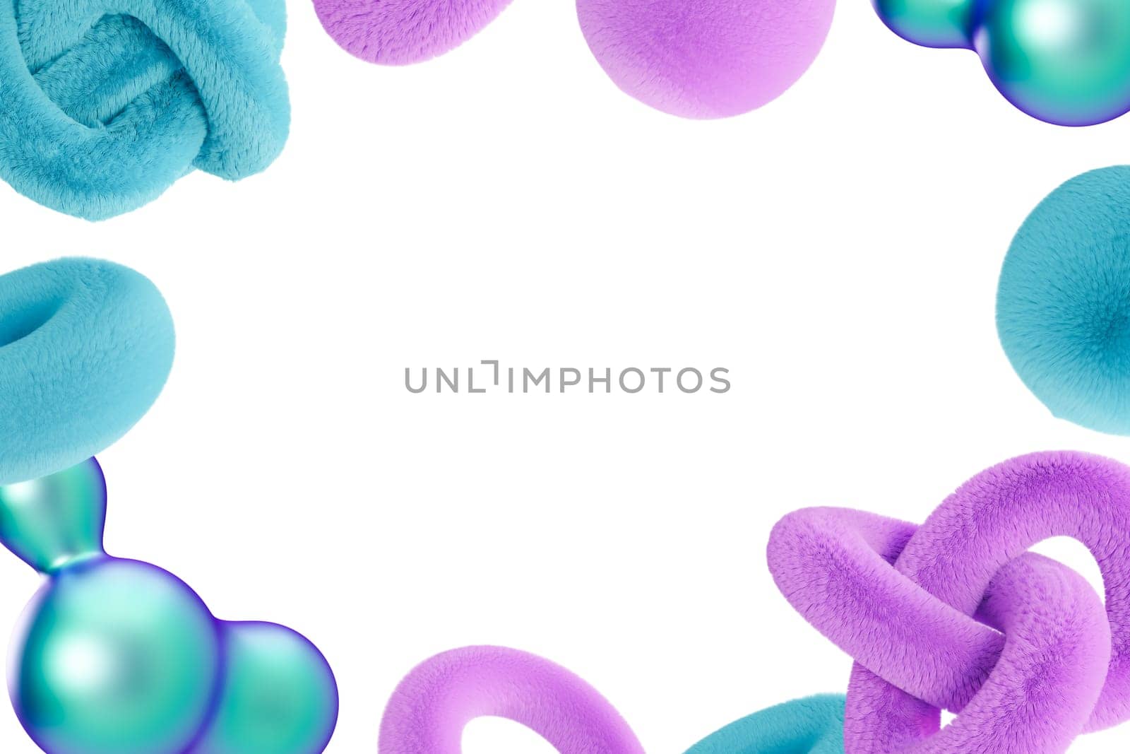 Playful frame with abstract, fluffy and holographic 3D shapes, isolated on white background. Modern border. Y2k style. Copy space in the middle. Color gradient. 3D render. by creativebird