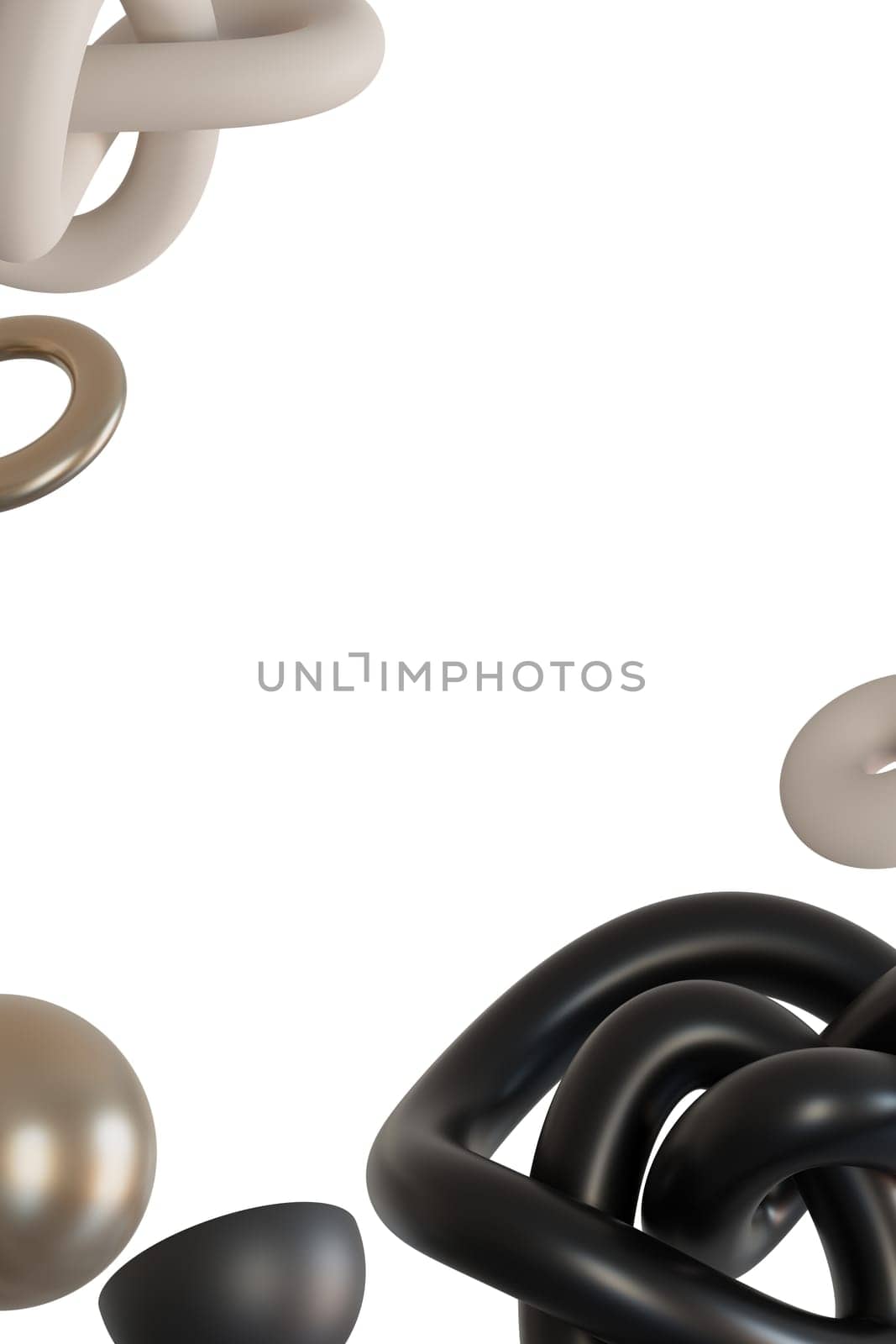 Elegant, minimalistic frame with abstract, floating black, beige and metallic 3D shapes, isolated on white background. Modern border. Copy space in the middle. Neutral tones. 3D render