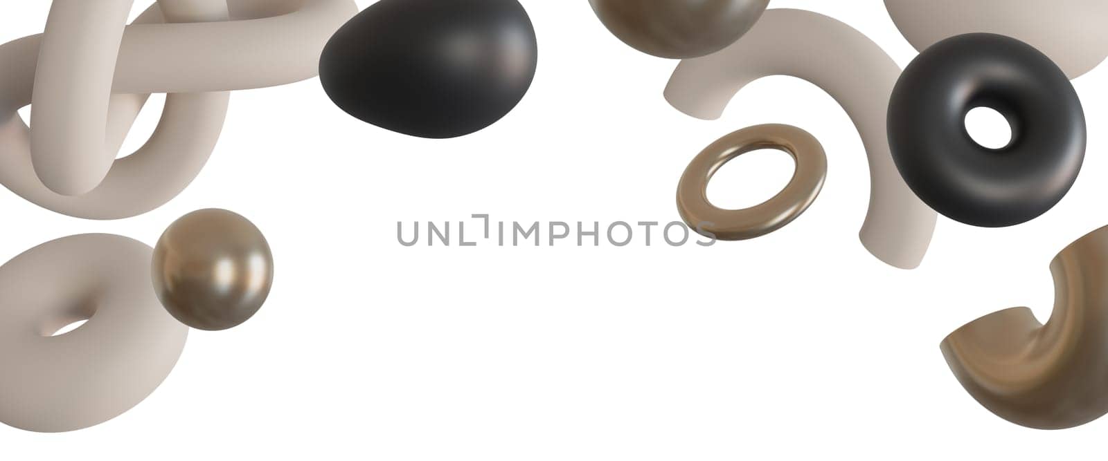 Elegant, minimalistic header with abstract, floating black, beige and metallic 3D shapes, isolated on white background. Modern border. Neutral tones. Top of the sheet. Foreground. 3D render. by creativebird