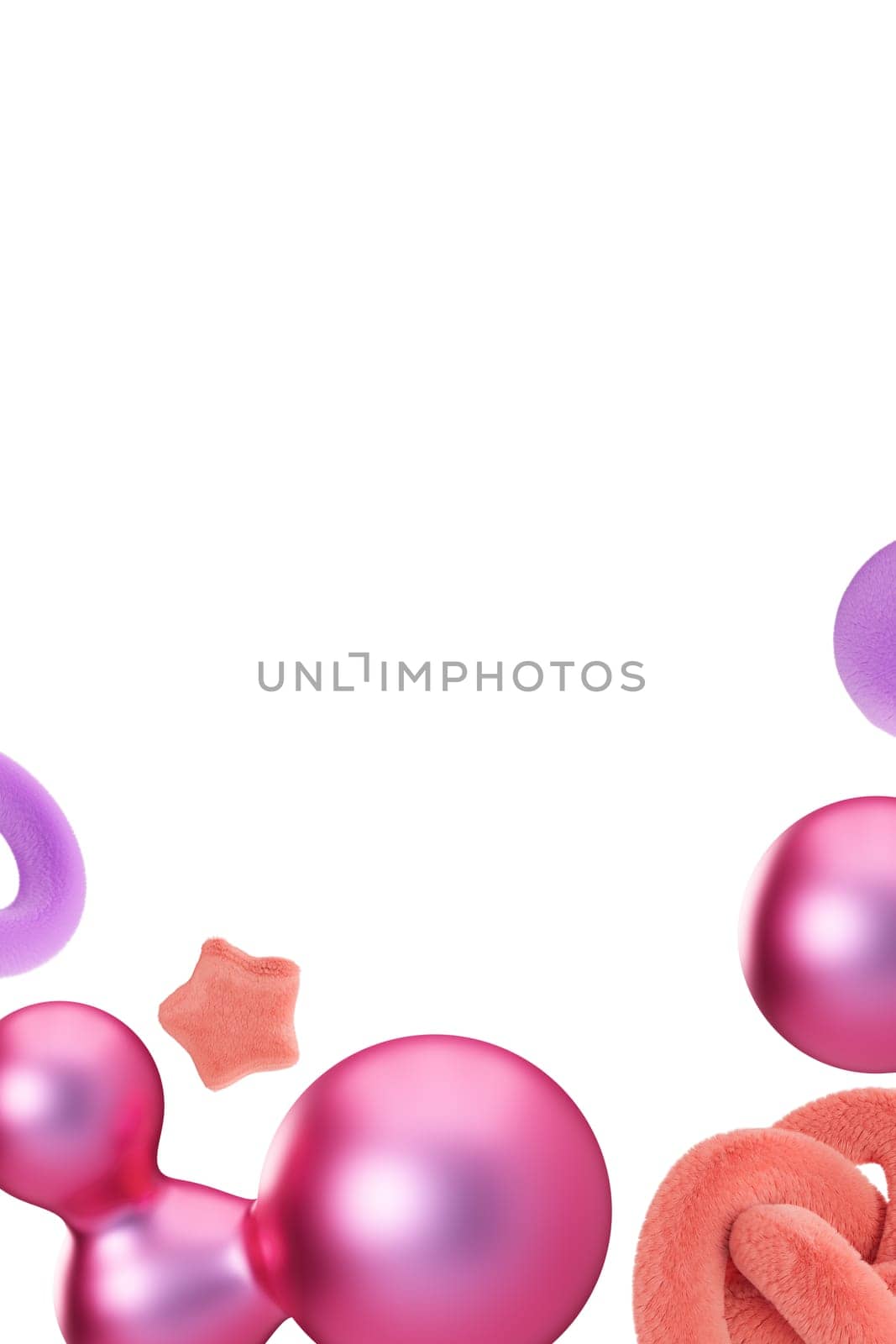 Playful footer with abstract, fluffy and metallic 3D shapes, isolated on white background. Modern border. Pink and purple colors. Y2k style. Girlish design. Bottom of vertical page. 3D render