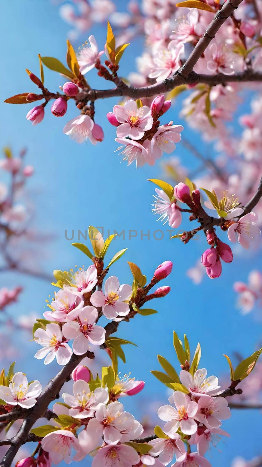 Cherry blossom in spring, pink flowers on blue sky background.cherry blossom on blue sky background, closeup of flowers. Sakura.Branch of blossoming tree with pink flowers on blue sky background.