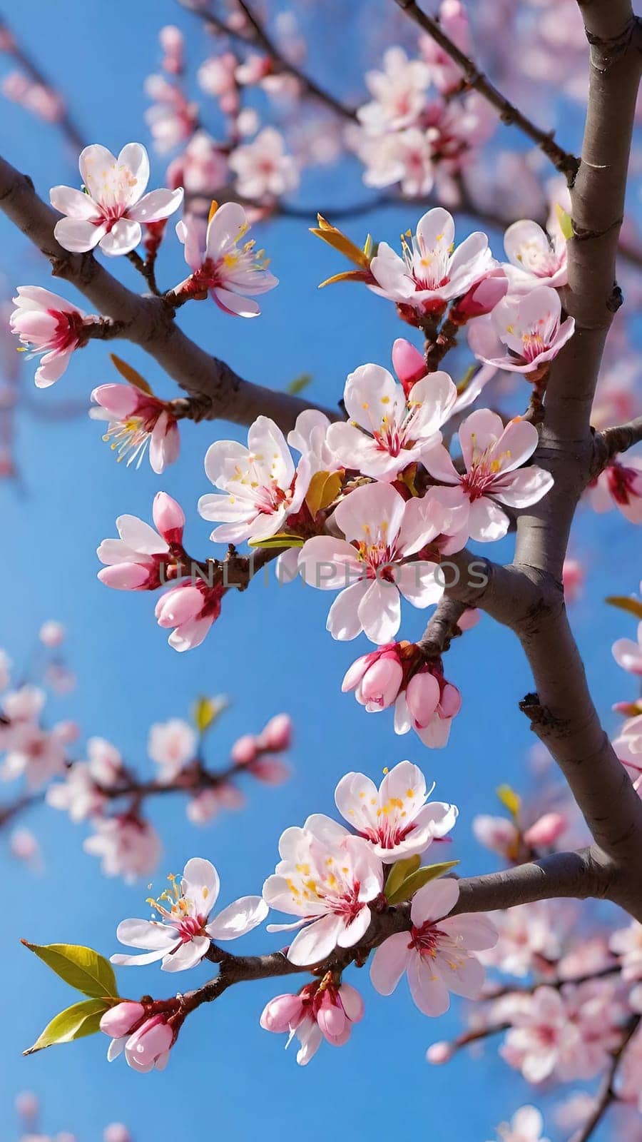 Cherry blossom in spring, pink flowers on blue sky background.cherry blossom on blue sky background, closeup of flowers. Sakura.Branch of blossoming tree with pink flowers on blue sky background.