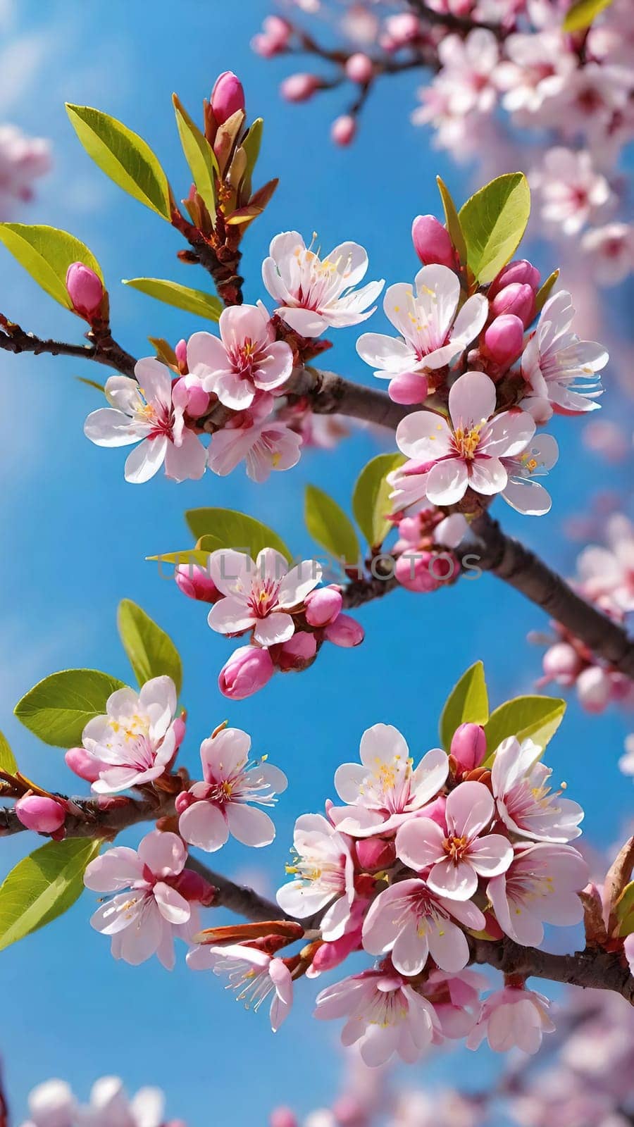 Cherry blossom in spring, pink flowers on blue sky background. by yilmazsavaskandag