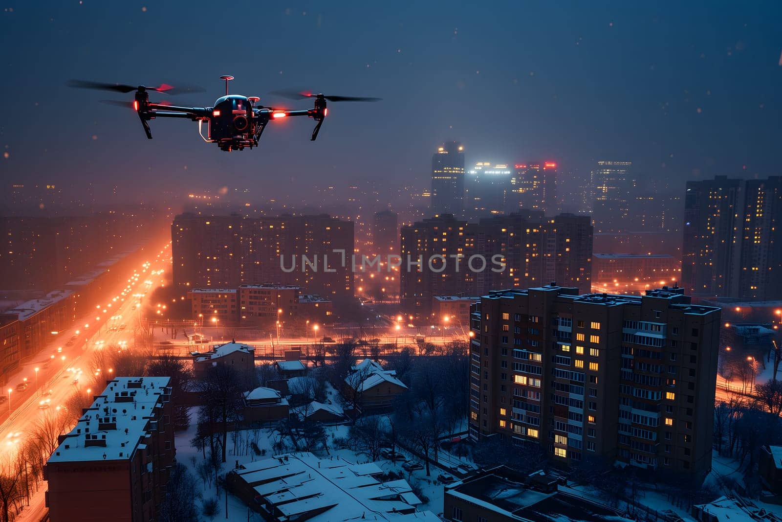 Flying drone above the city at snowy winter night. Neural network generated image. Not based on any actual scene or pattern.