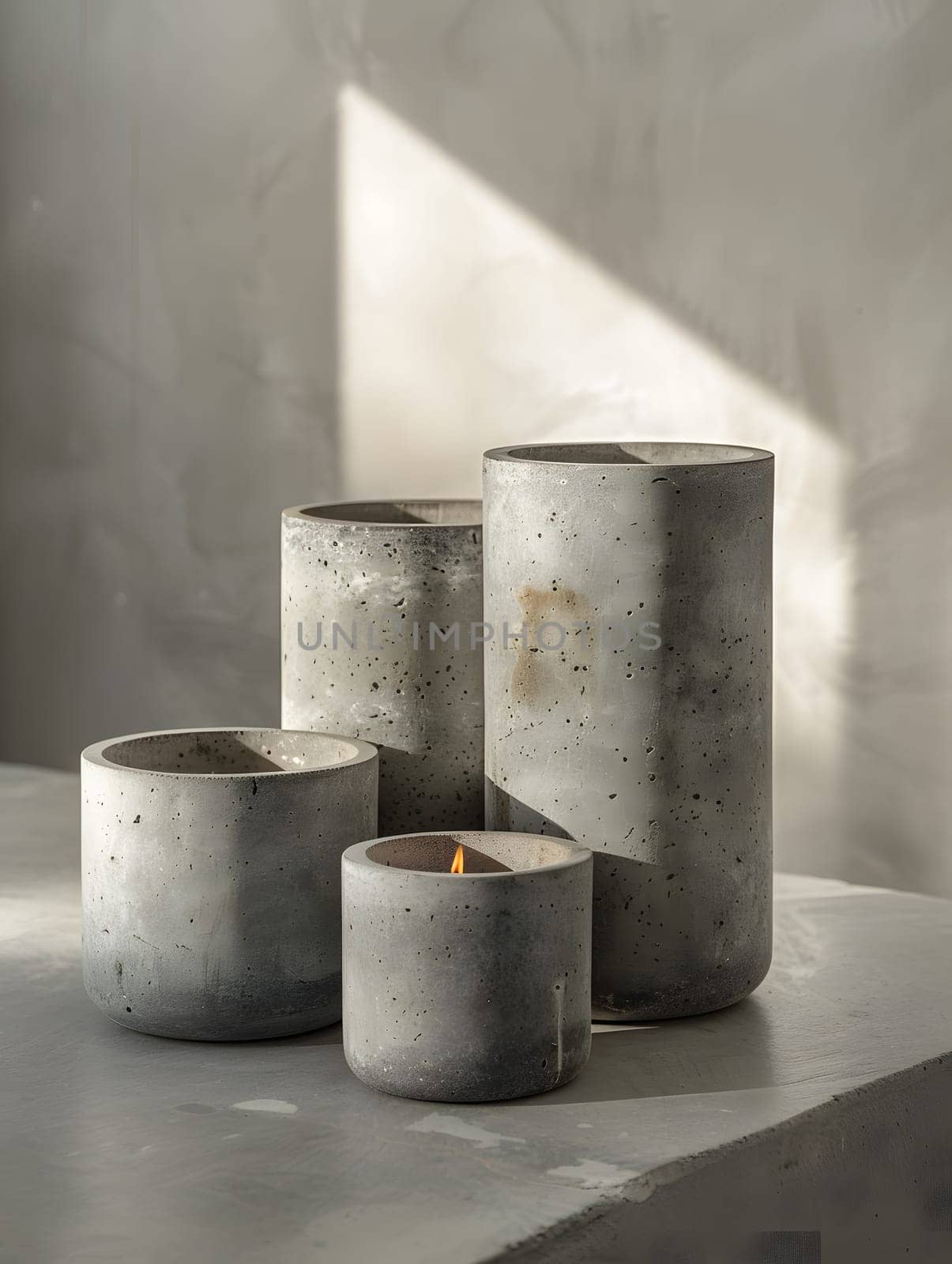A collection of wooden rectangle and cylinder candle holders, resembling automotive tires, placed on a table. The artful display combines glass, wood, and gas elements