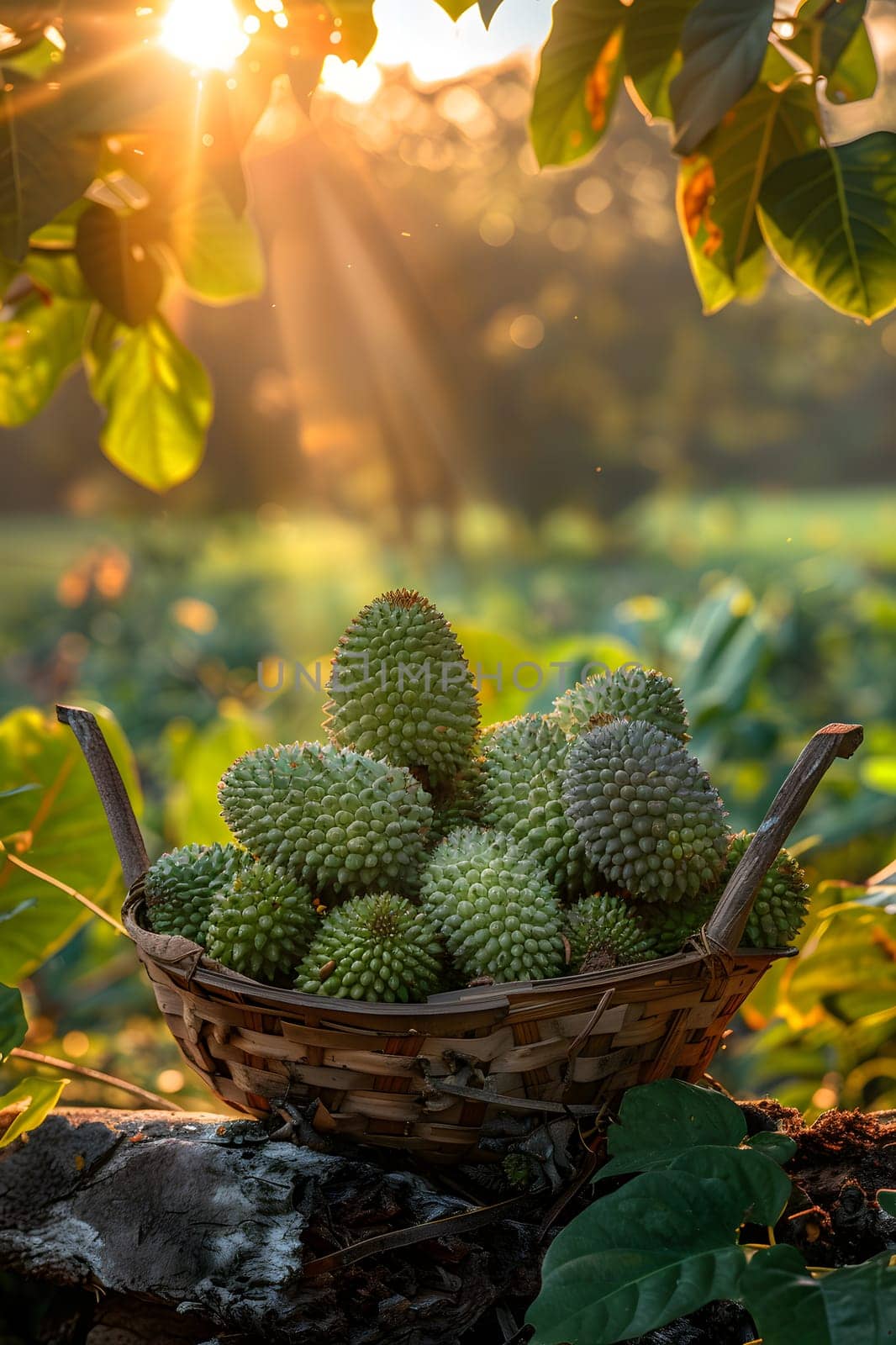 A basket of green fruit sits on a rock, showcasing terrestrial plant life by Nadtochiy