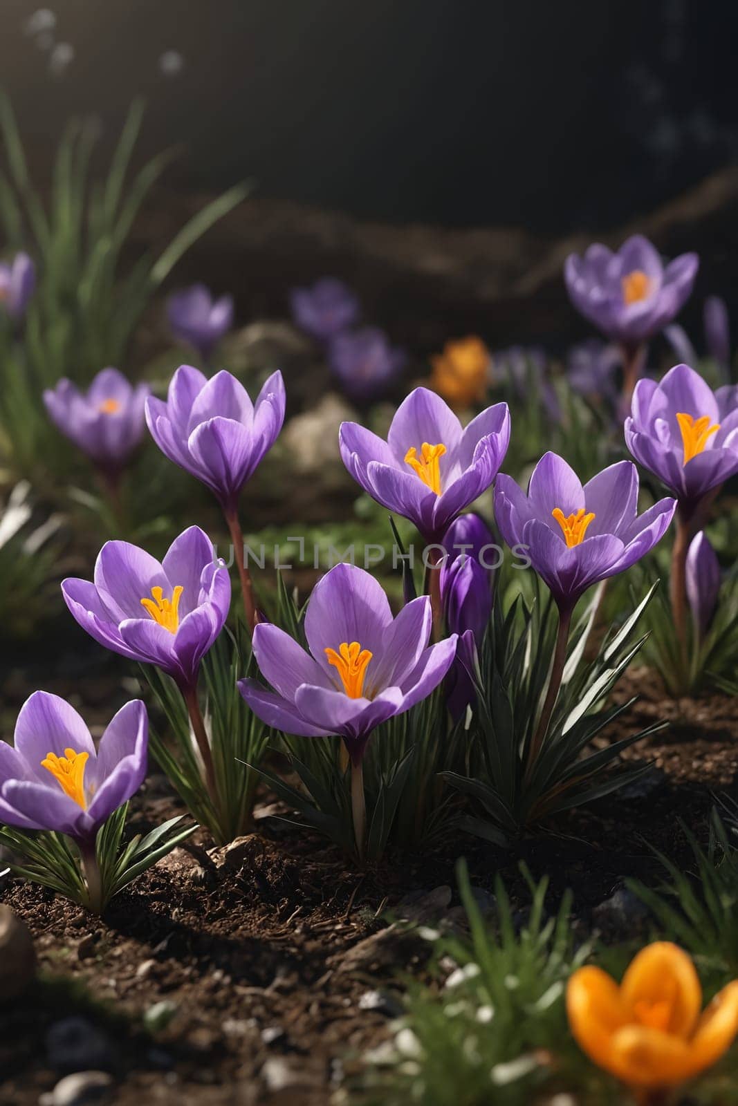This image showcases the vibrant colors of crocuses announcing the arrival of spring. Perfect for use in garden blogs or seasonal nature articles.