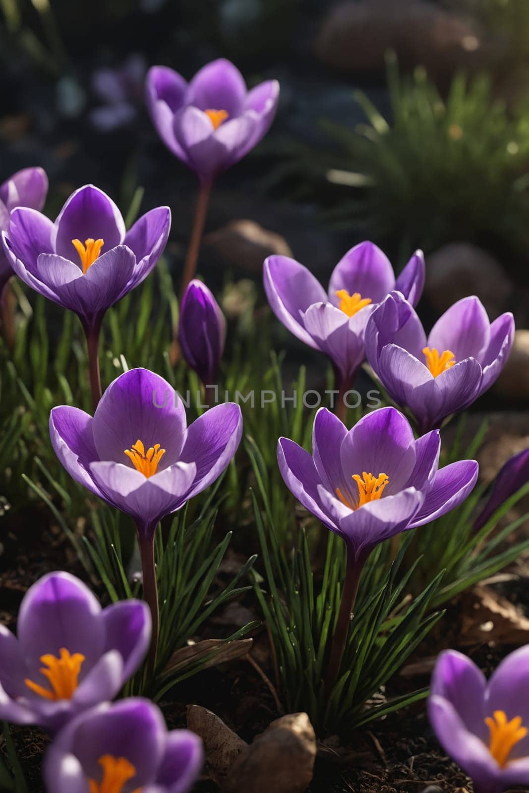 This image showcases the vibrant colors of crocuses announcing the arrival of spring. Perfect for use in garden blogs or seasonal nature articles.