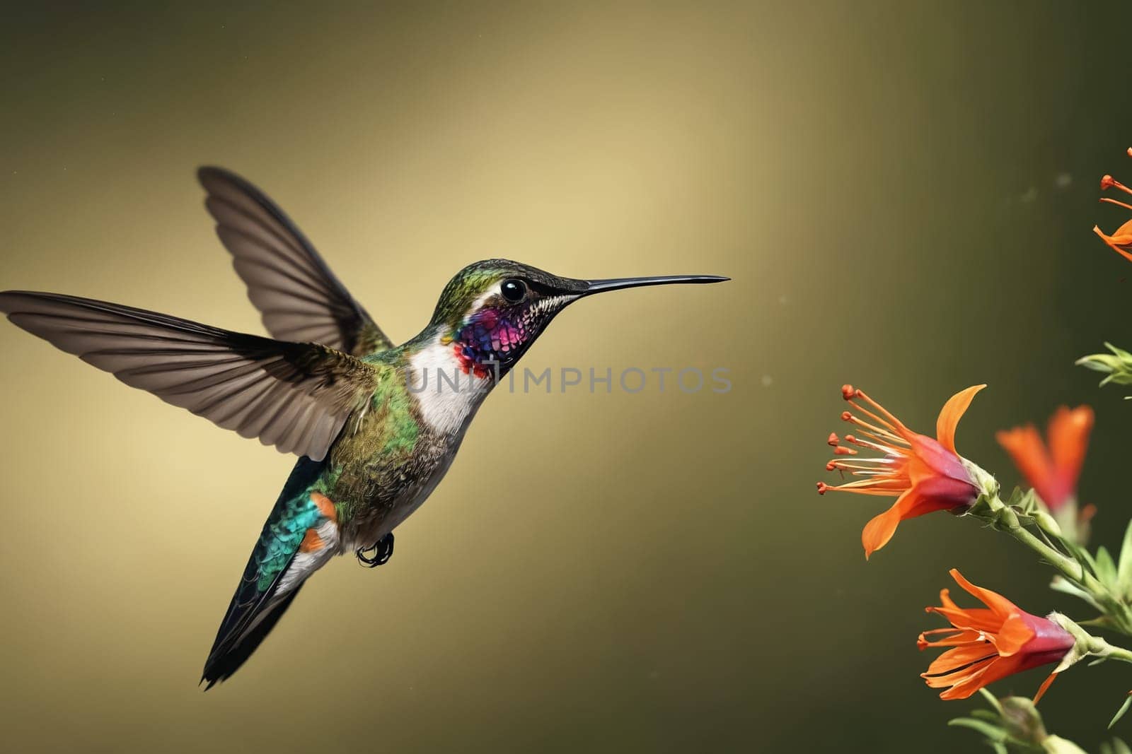 This image beautifully captures a Ruby-throated Hummingbird - a marvel of nature known for its iridescent green feathers and bright ruby-red throat. Perfect for use in environmental education or bird-watching content.