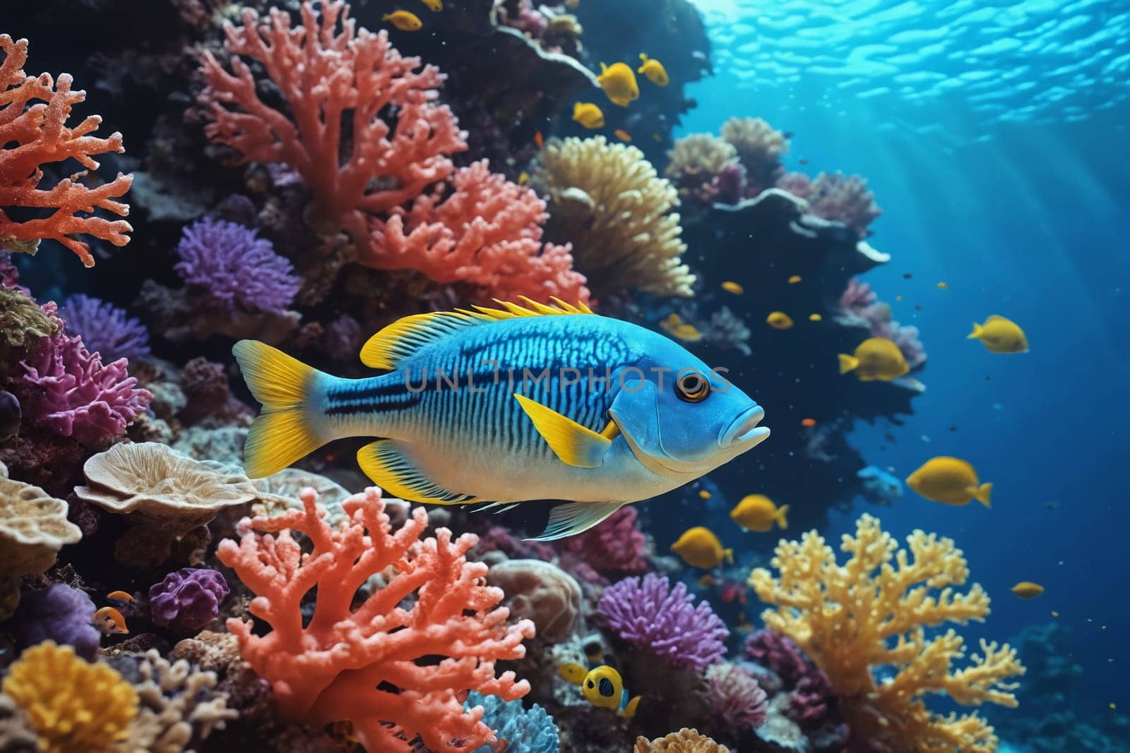 This image showcases the underwater ecosystem of a coral reef, bustling with life and color, making it perfect for marine biology education and promotion of conservation initiatives.