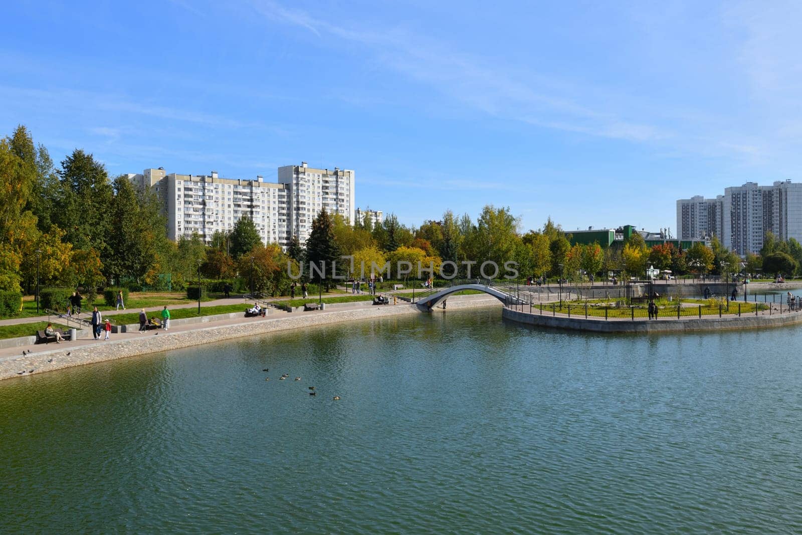 Moscow, Russia - 17 Sept. 2023. City landscape with Mikhailovsky pond in Zelenograd by olgavolodina