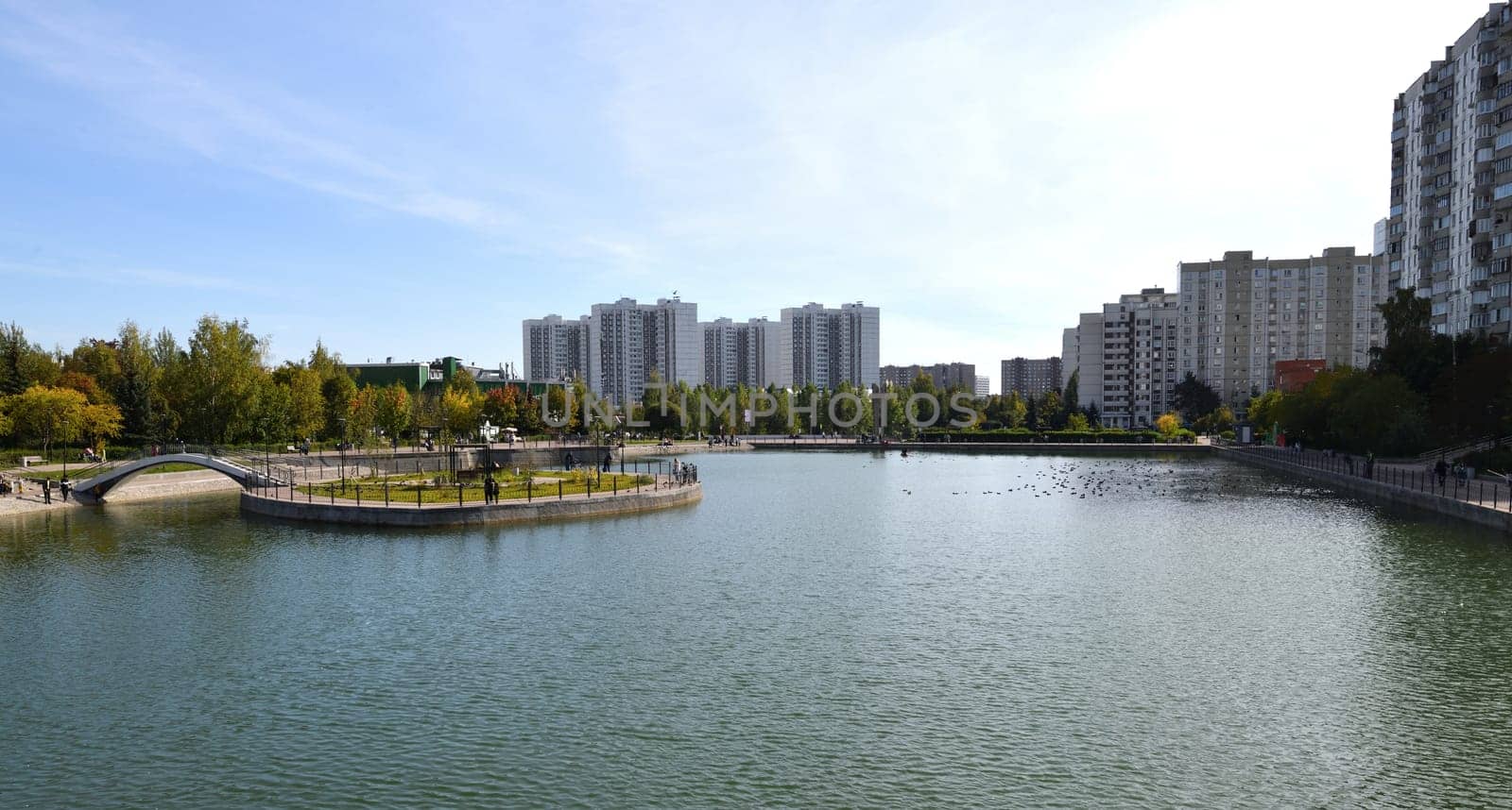 Moscow, Russia - 17 Sept. 2023. City landscape with Mikhailovsky pond in Zelenograd