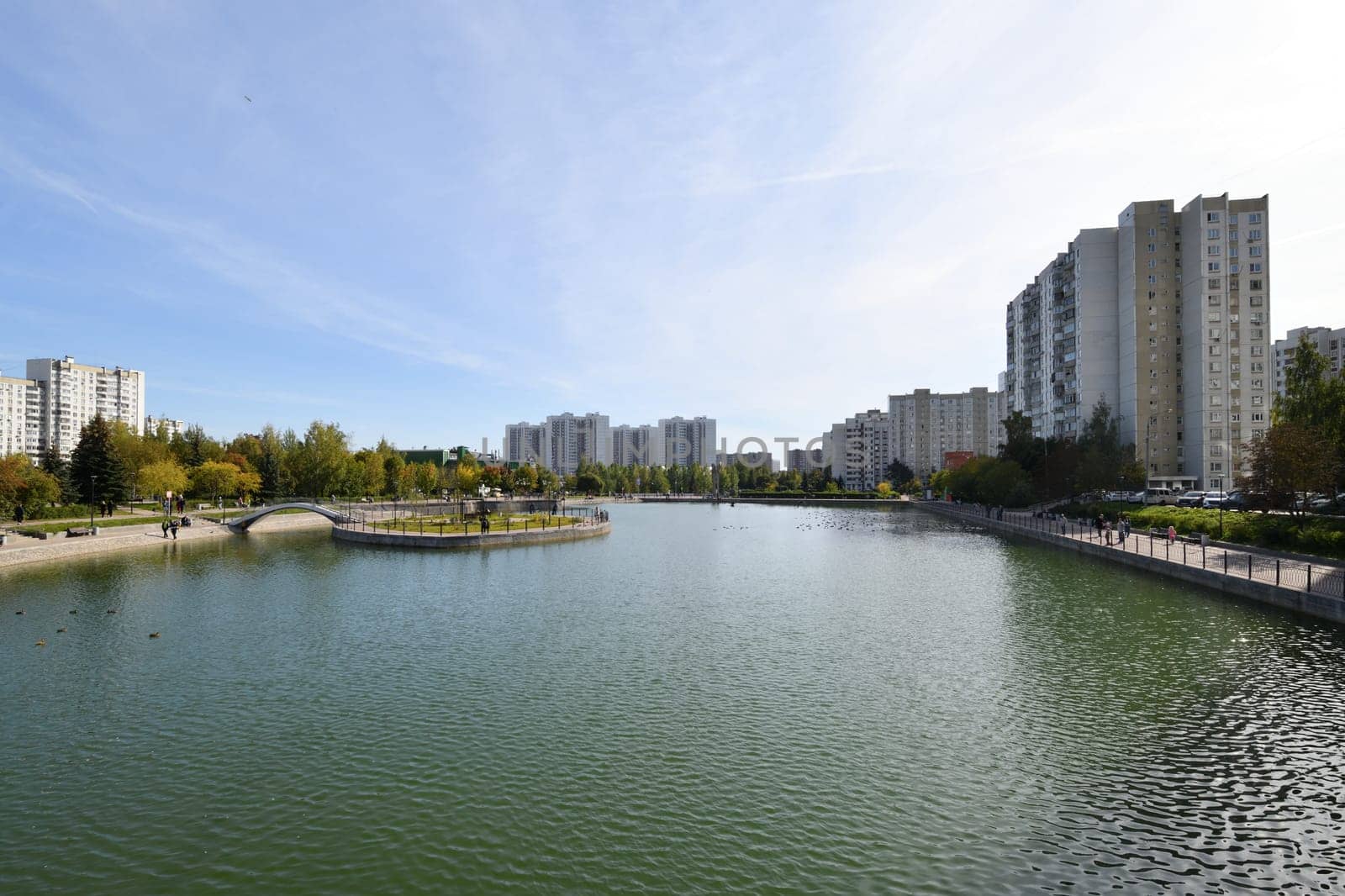 Moscow, Russia - 17 Sept. 2023. City landscape with Mikhailovsky pond in Zelenograd