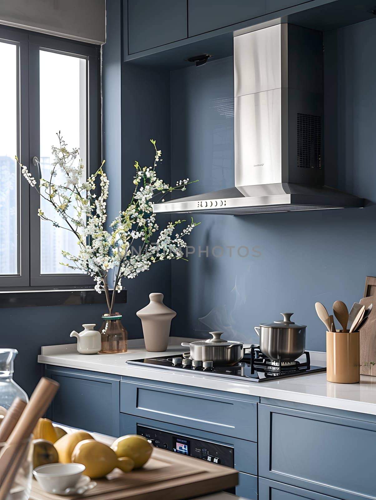A kitchen with blue cabinetry, a stove top oven, and a countertop, complemented by a window, flowerpot, and tableware, creating a welcoming interior design