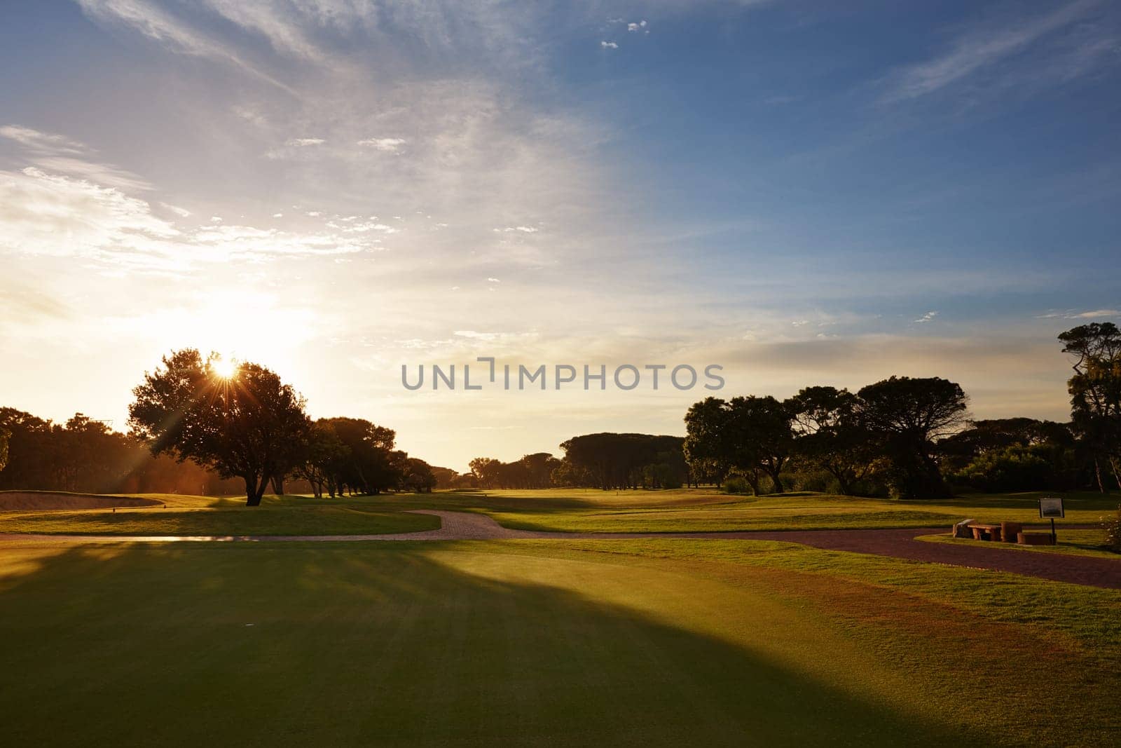 Grass, sunset sky and trees on golf course with clouds, shadow and natural landscape with path in park. Nature, green and field with forest with sustainable environment, evening sunshine and woods.