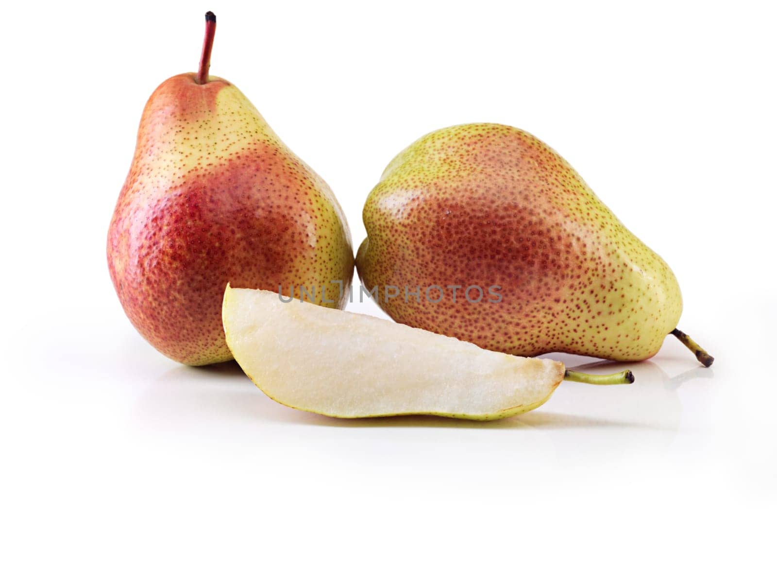 Pear, fruit and stem in studio for vitamin c, minerals and healthy nutrition on isolated white background. Food, fresh produce and organic for natural wellness, antioxidants or balanced diet.