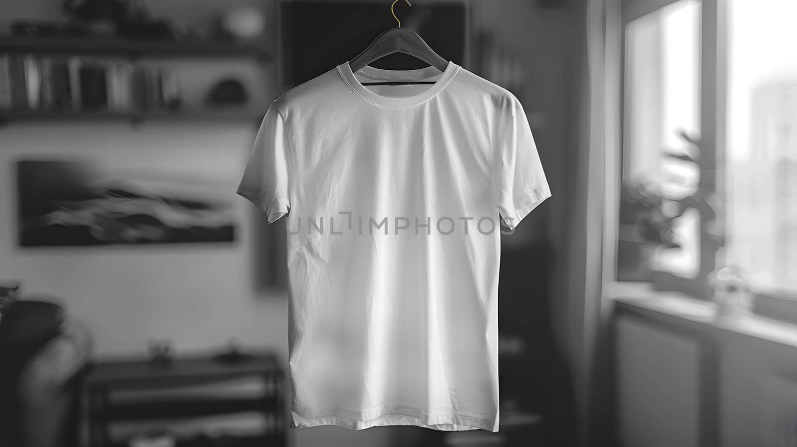 A grey tshirt, with short sleeve, hangs on a hanger in a room. The monochrome photography highlights the sleek font of the sportswear design