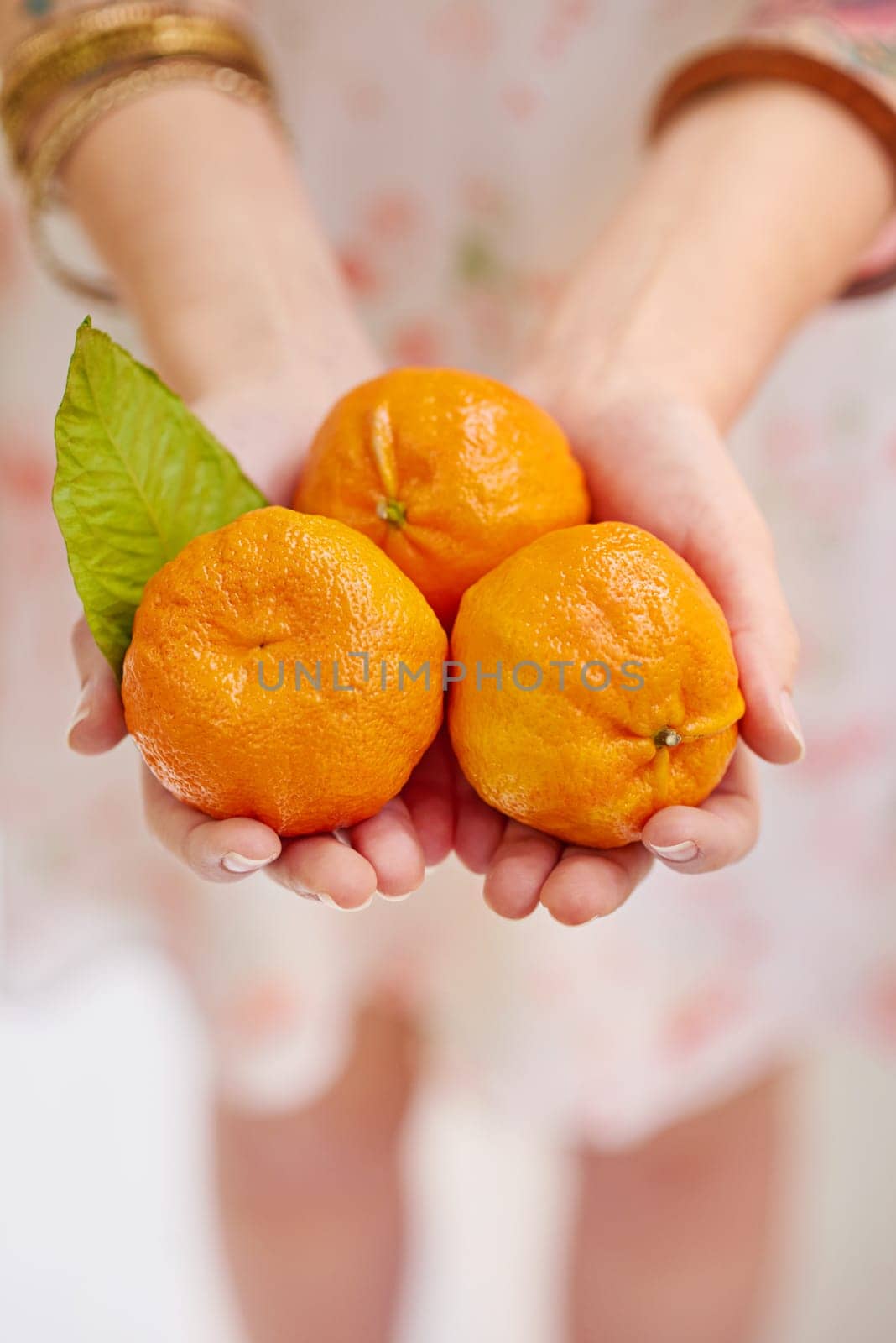 Woman, hands and fruit as oranges with vitamins for healthy, organic and balanced diet with nutrition snacks. Person, fresh and care for tangerine with natural ingredients from farming plantation by YuriArcurs