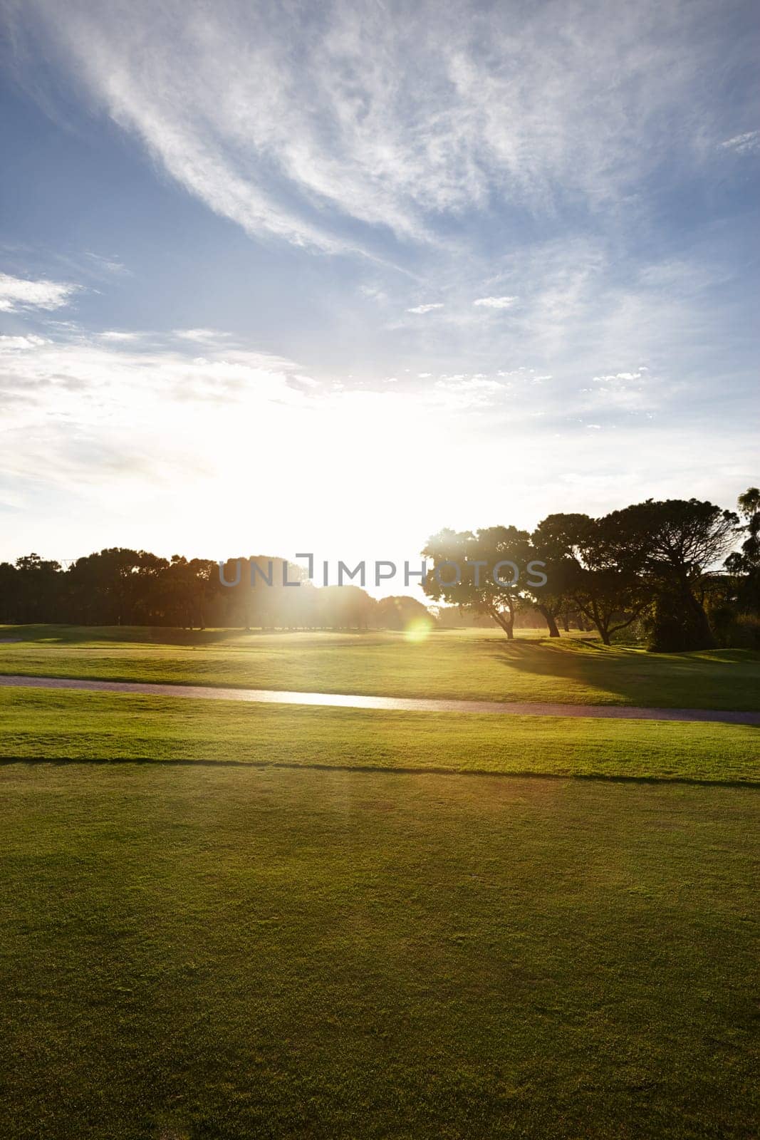 Grass, sky and trees on golf course with sunset, clouds and natural landscape with path in park. Nature, green and field with forest at sports club with sustainable environment in evening sunshine by YuriArcurs