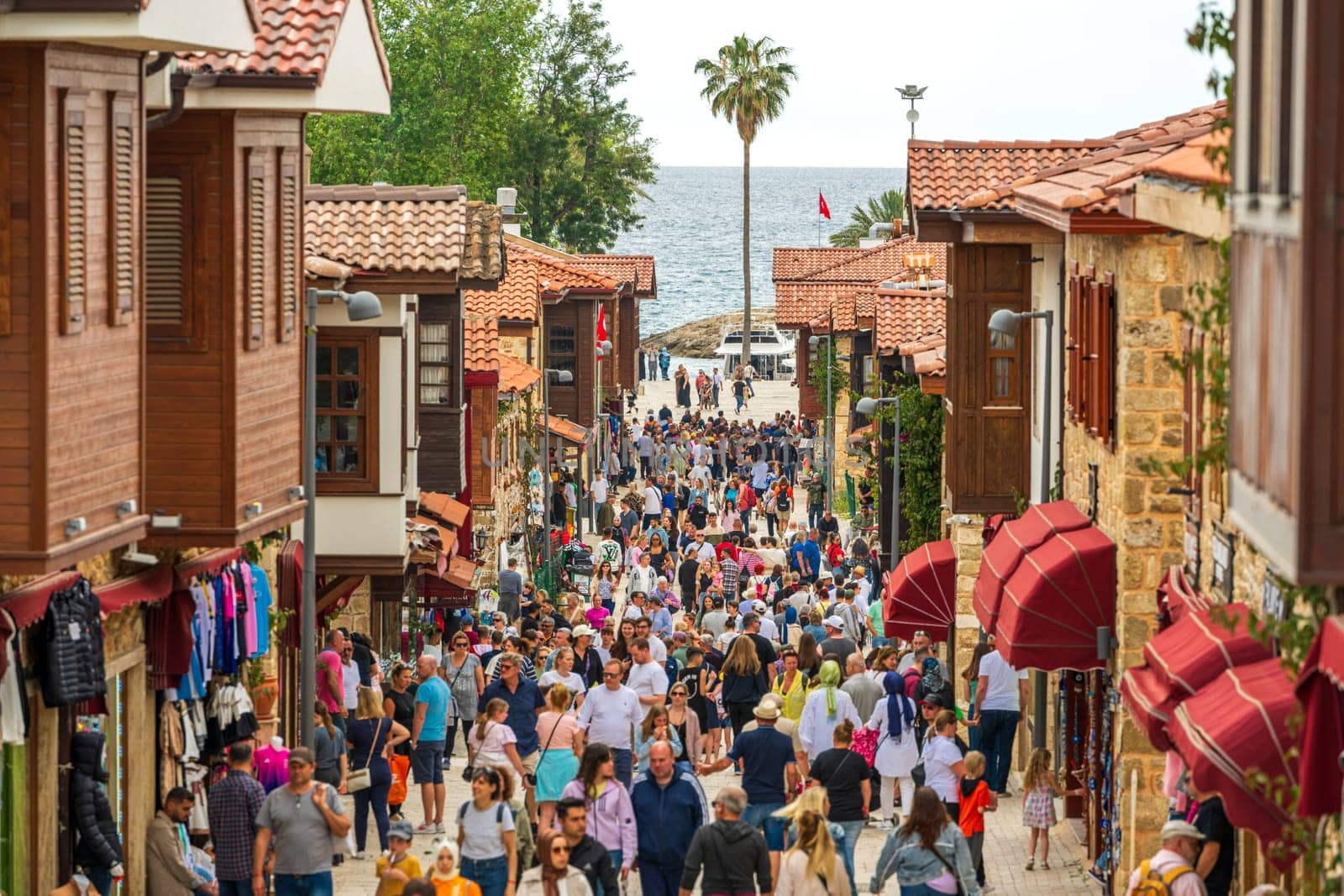 Side, Manavgat, Turkey – April 9, 2024: Liman Street of Side town of Antalya's Manavgat district
