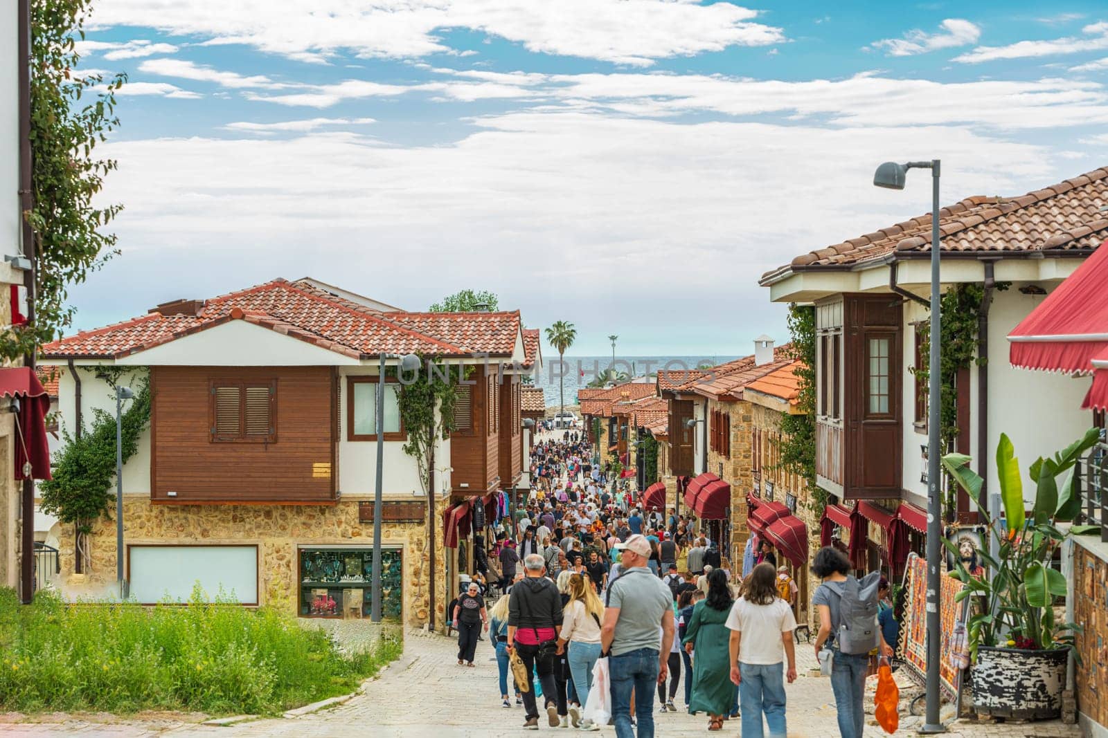 Side, Manavgat, Turkey – April 9, 2024: Liman Street of Side town of Antalya's Manavgat district