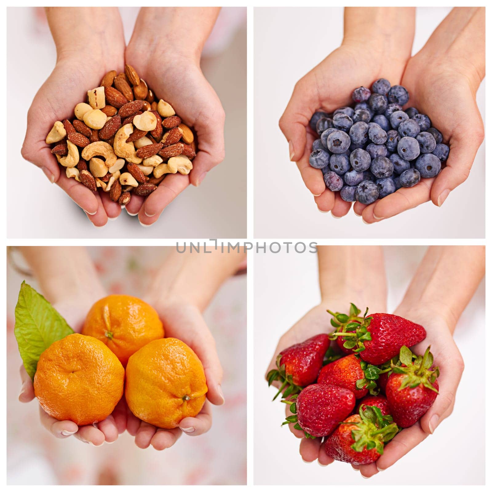 Collage, fruit and hands for healthy choice, nutrition and detox for wellness, vegan and nutrients. Nuts, blueberries and tangerine with strawberry for antioxidant, vitamin c and diet on composite.