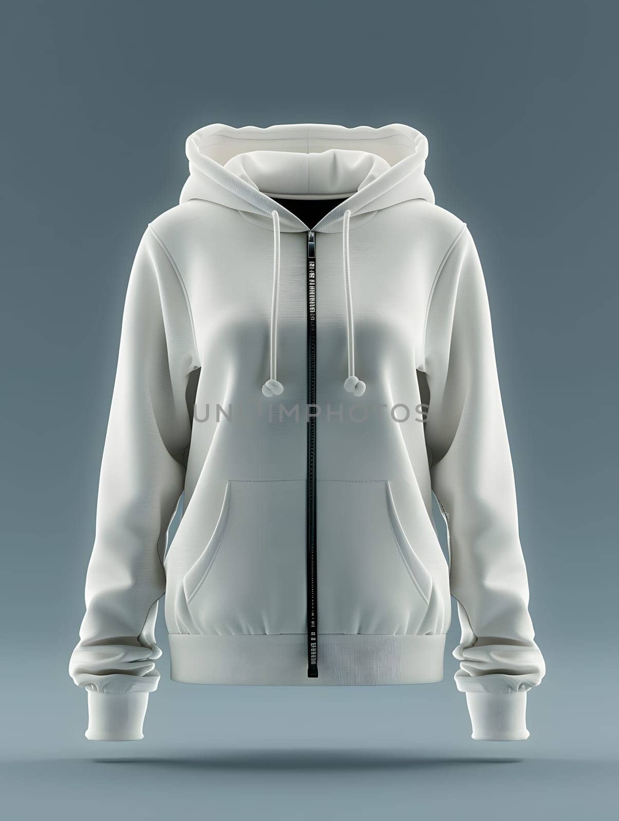 A white hoodie with a zipper, featuring a grey collar and sleeves on an electric blue background. This sportswear piece is perfect for a casual look