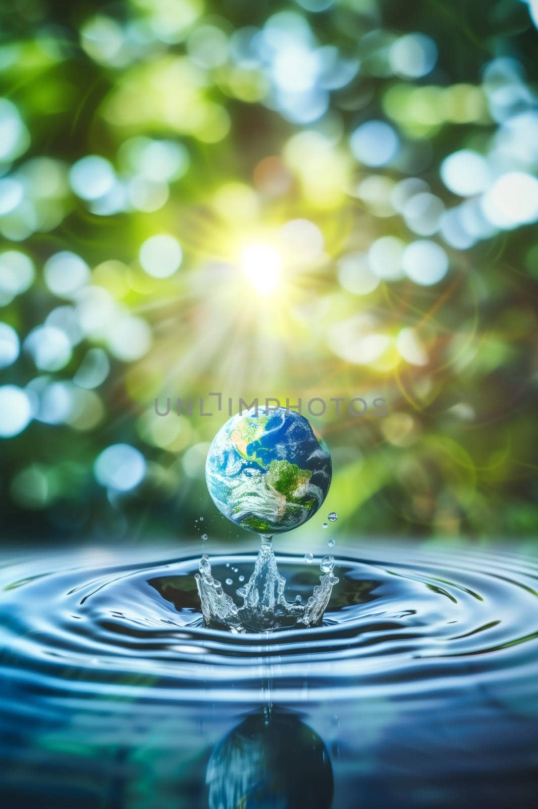 One glass ball of planta earth with splashes on the surface of water in the ocean in the forest early in the morning with copy space from above, close-up side view.