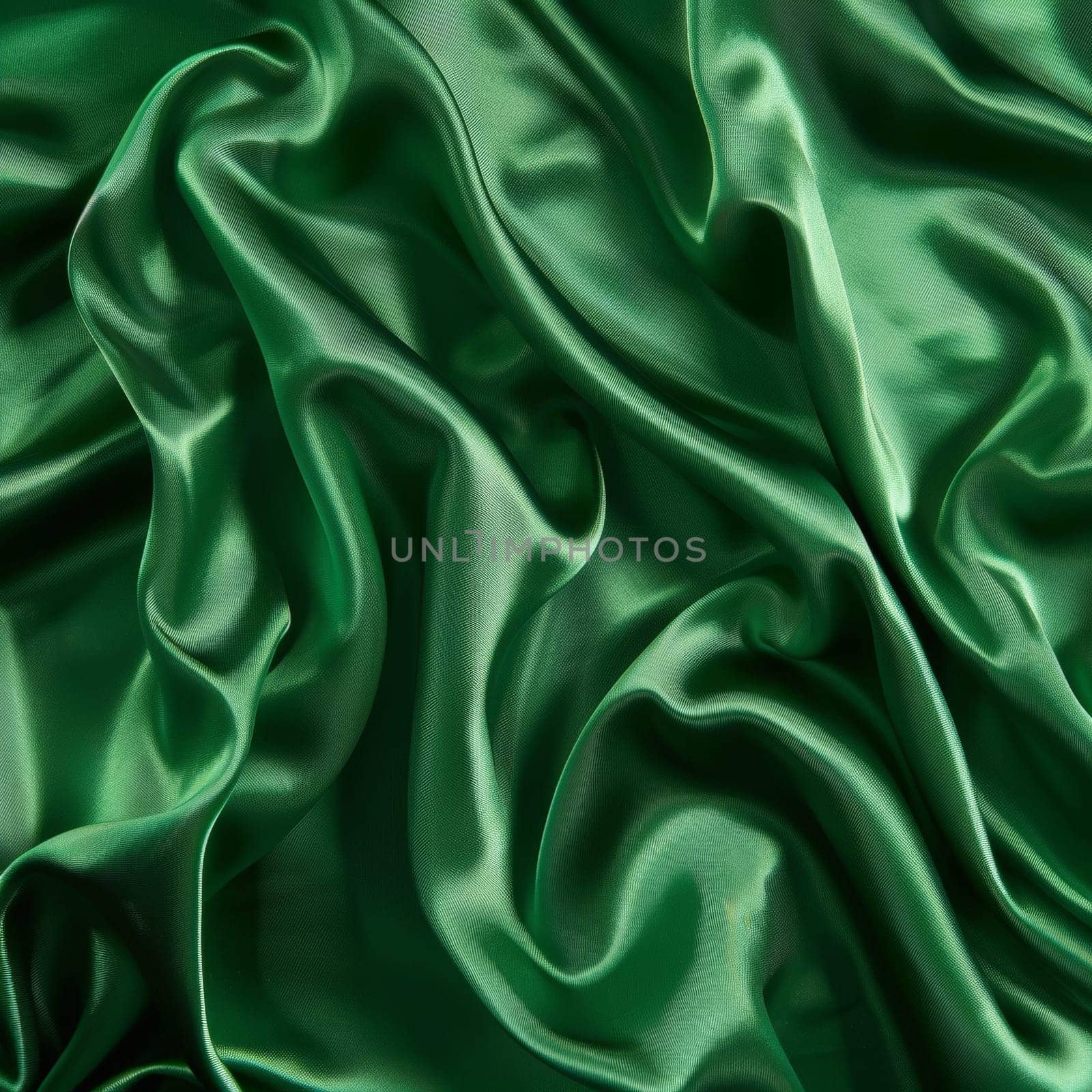 Mesmerizing waves of shimmering emerald green silk fabric create an abstract composition with a sense of fluidity and movement