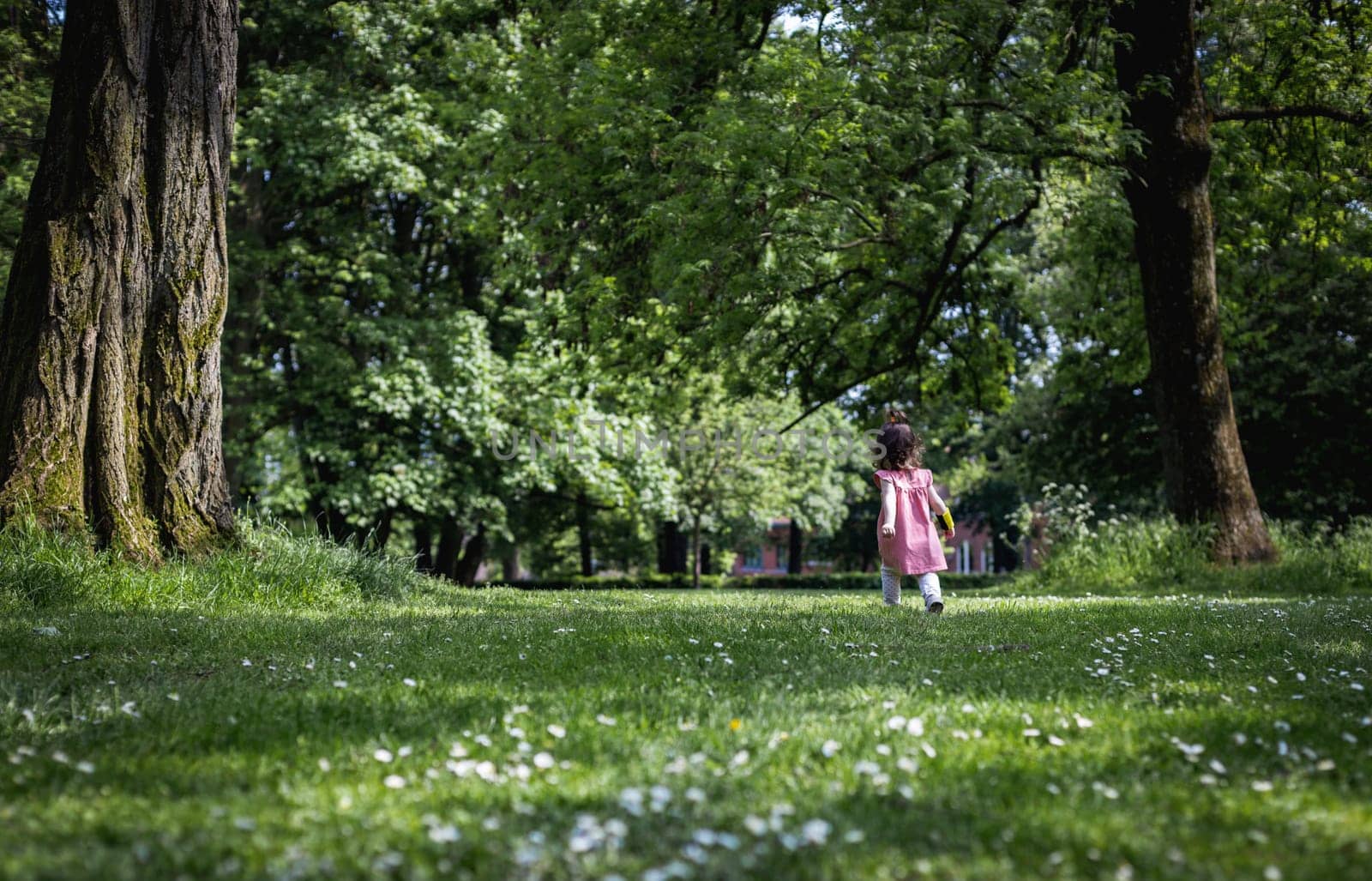 Portrait of a running little girl in the park. by Nataliya